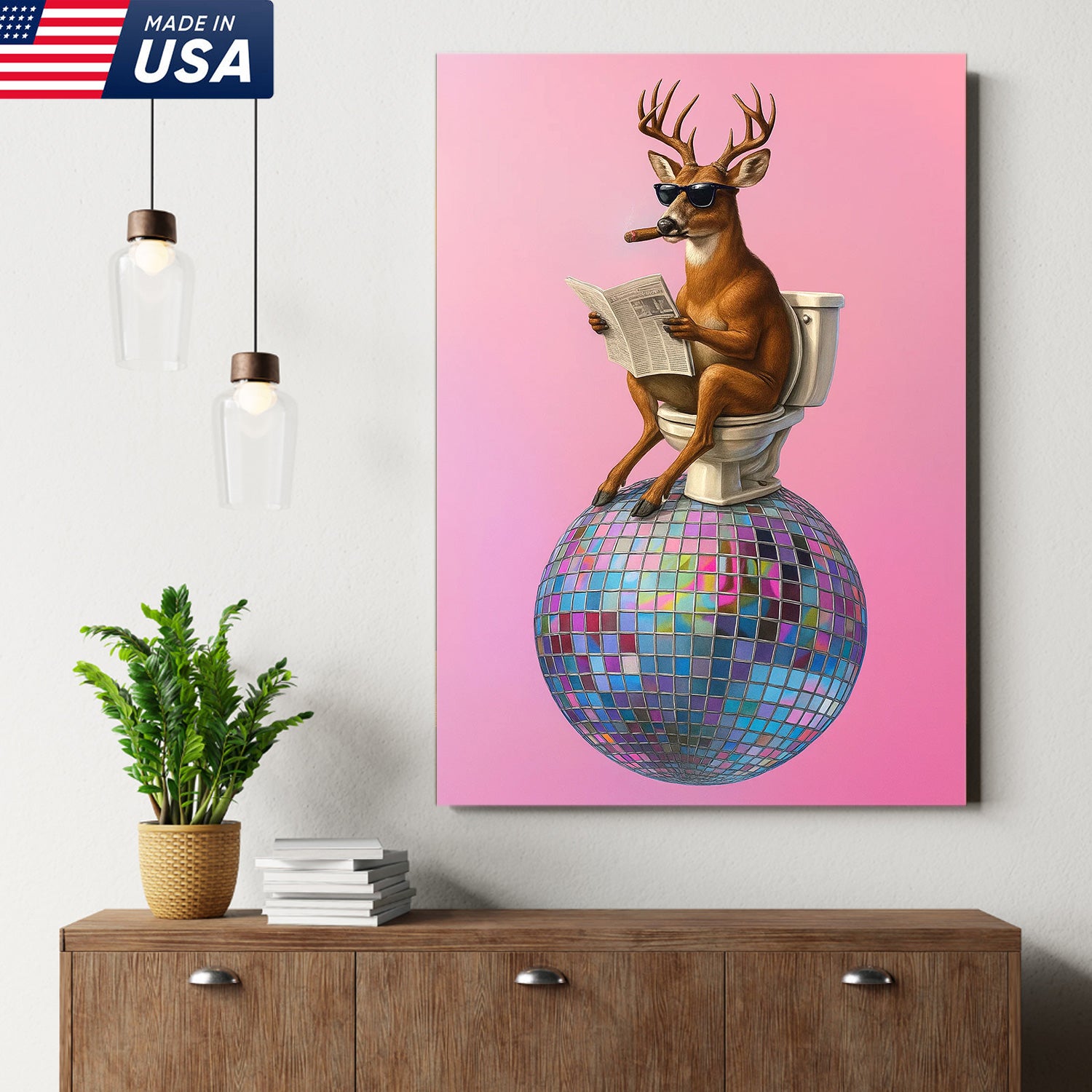 Deer Canvas Wall Art – Funny Buck Reading Newspaper on Toilet with Disco Ball Unique Bathroom Decor