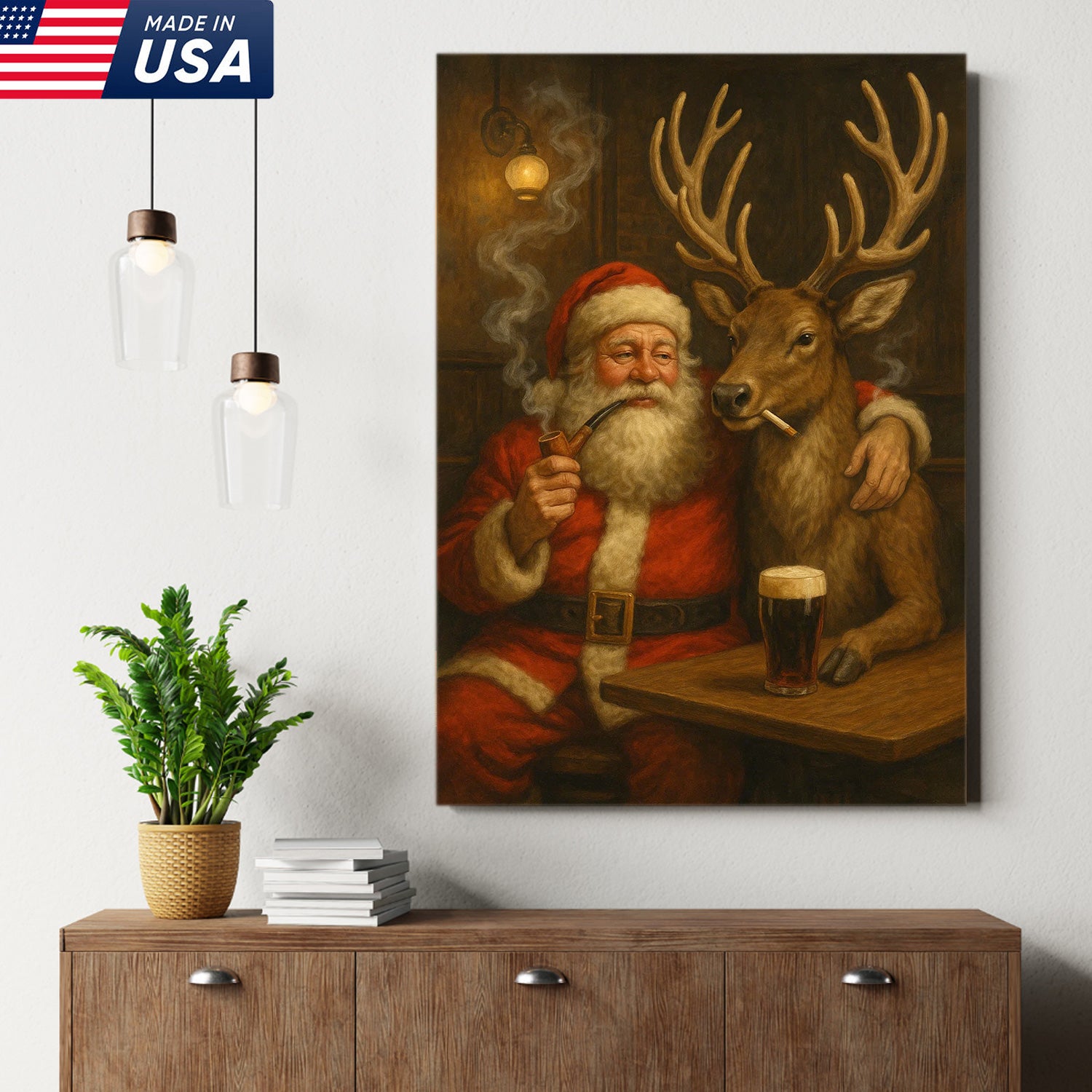 Funny Santa and Reindeer Wall Art Canvas – Rustic Christmas Lodge Decor – Holiday Deer Hunting Theme