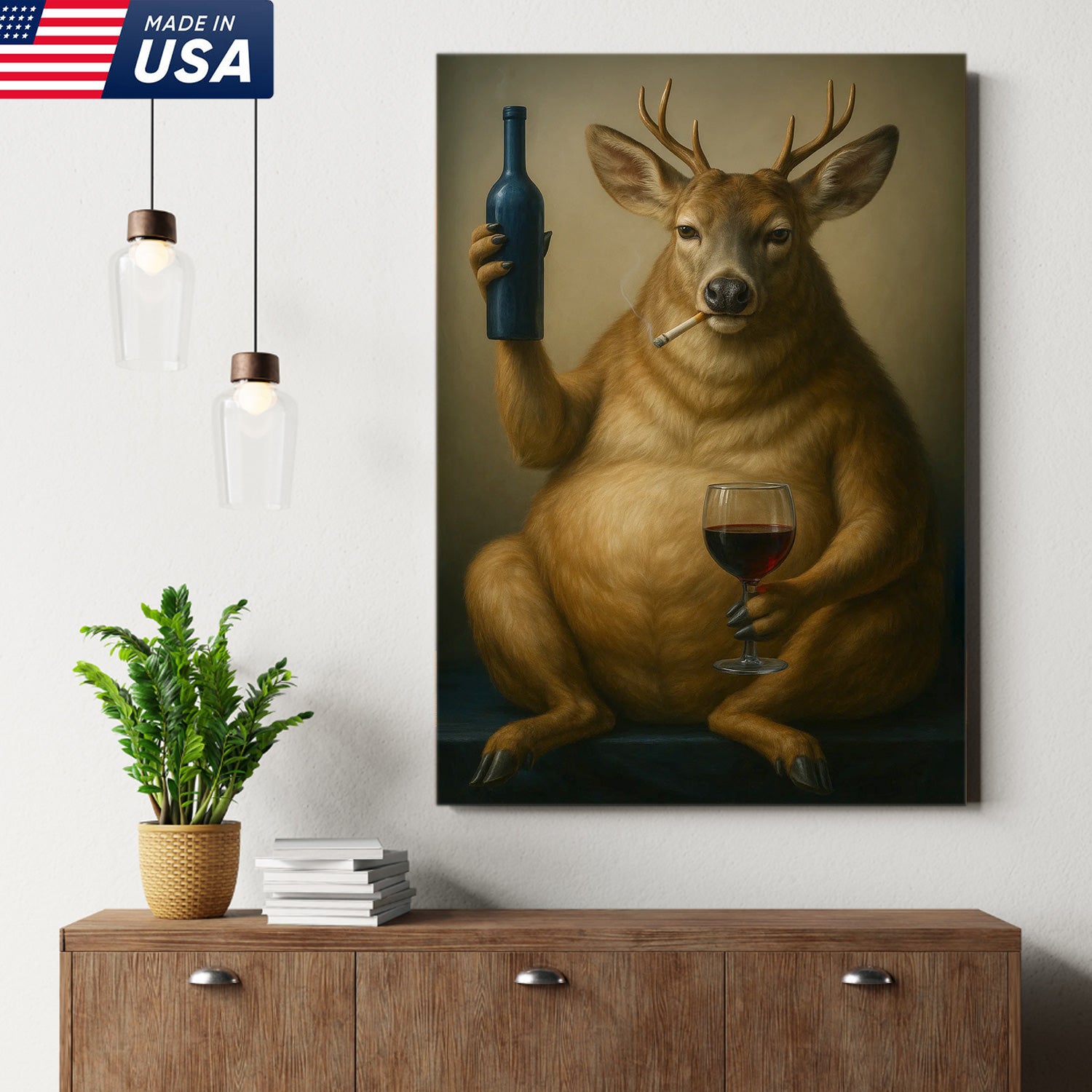 Funny Deer Wall Art Canvas – Fat Buck with Wine Glass Rustic Lodge Decor – Whimsical Wildlife Hunting Home Decoration