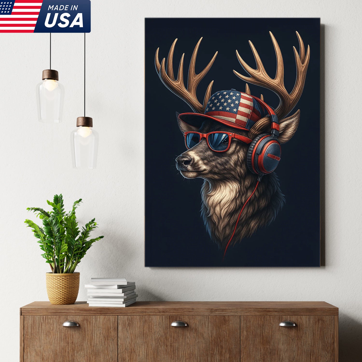 Patriotic Deer Wall Art Canvas – Cool Buck with American Flag Hat and Headphones – Rustic Hunting Lodge Decor USA