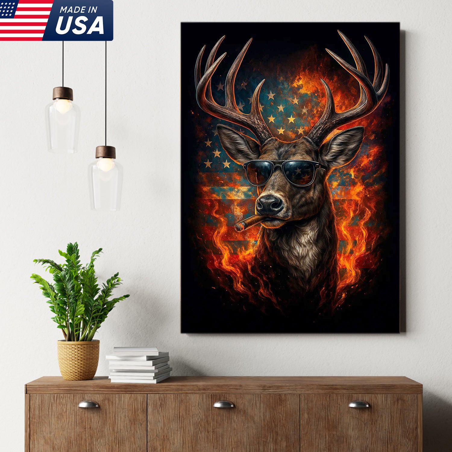 Patriotic Deer Wall Art Canvas – Cool Buck with Sunglasses and American Flag – Rustic Hunting Lodge Decor USA