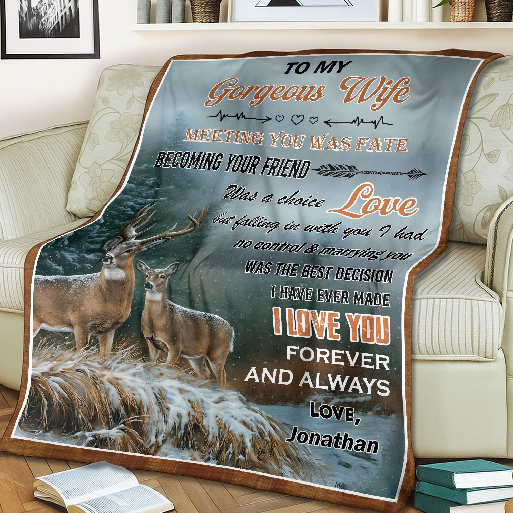 Personalized Meeting You Was Fate Fleece Blanket– Custom Deer Couple Blanket, Heartfelt Wife Gift
