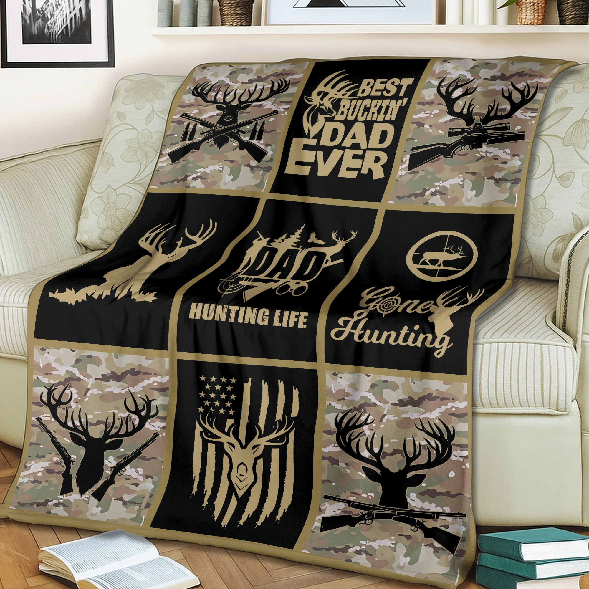 Hunting Life Best Buckin’ Dad Ever Fleece Blanket – Camouflage Deer & Rifle Design - Gift for Hunters