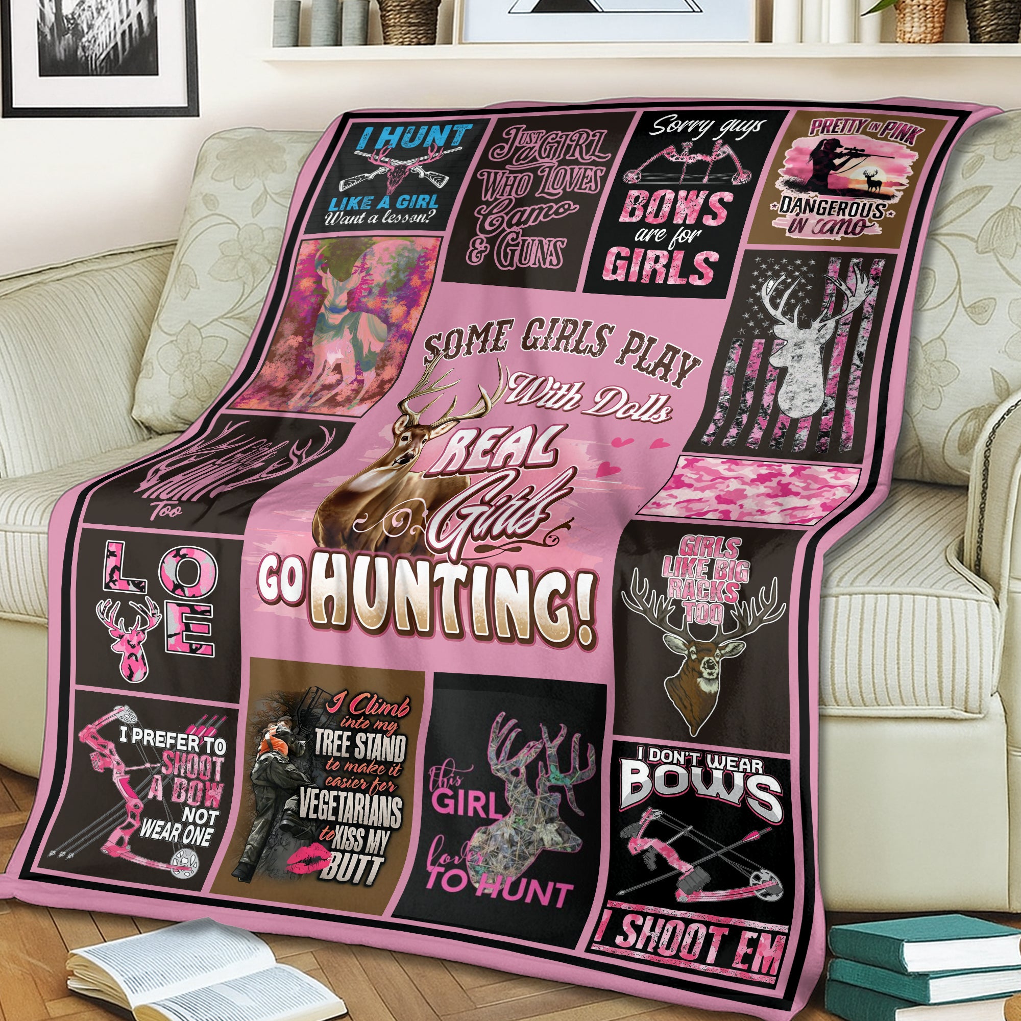 Real Girls Go Hunting Fleece Blanket – Pink Deer Hunting Gift for Women