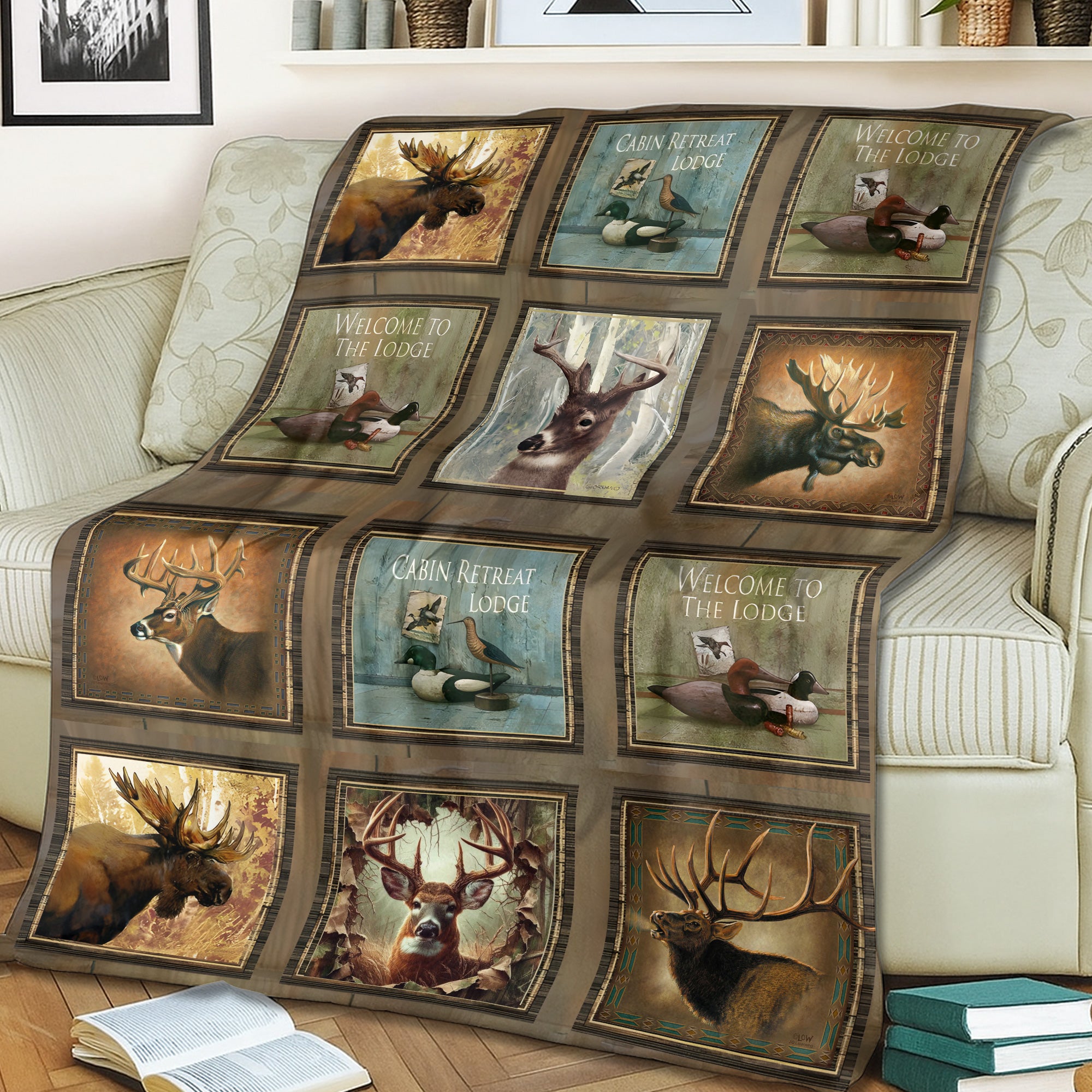 Rustic Wildlife Cabin Lodge Fleece Blanket – Deer, Moose, and Duck Hunting Retreat Fleece Blanket