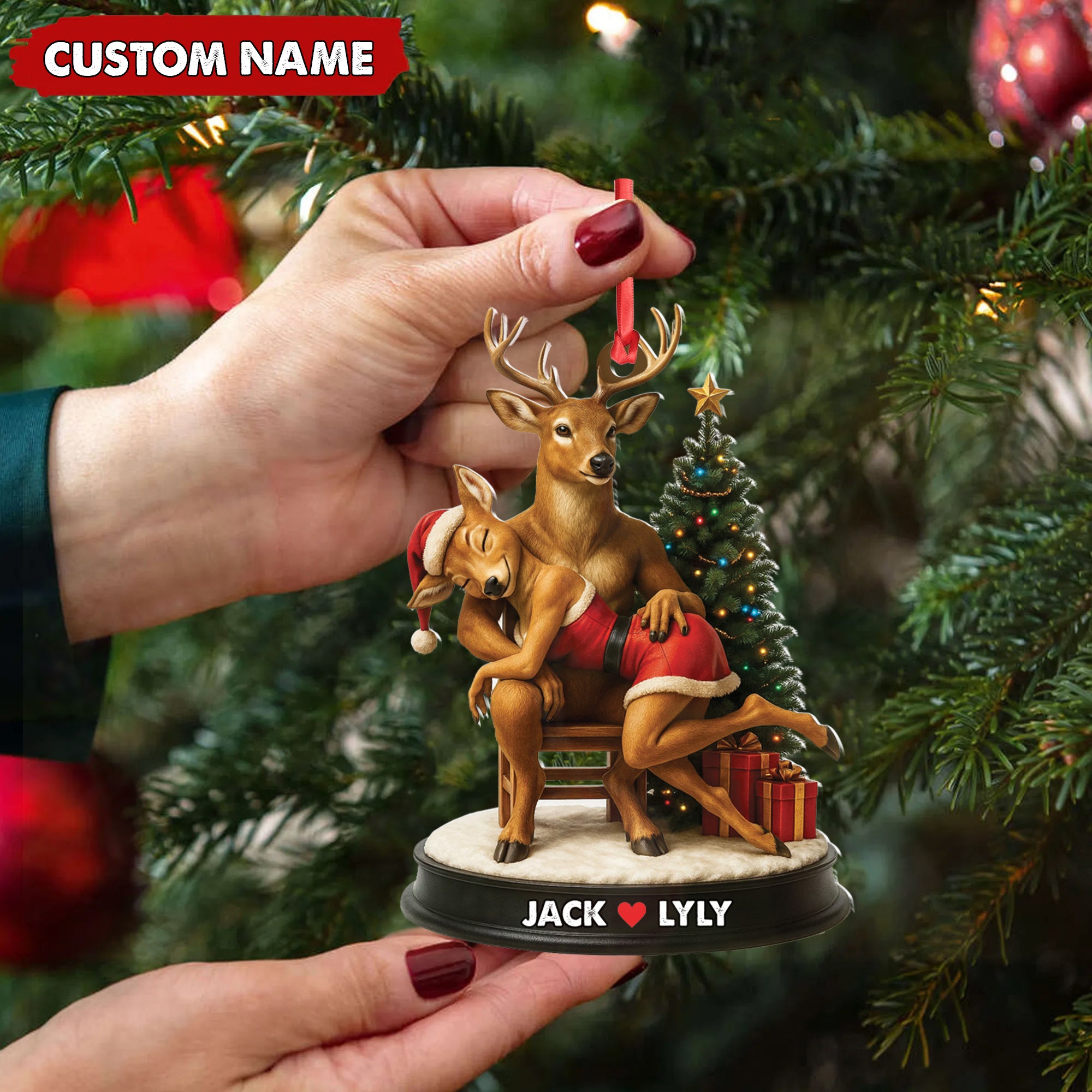 Personalized Acrylic Deer Couple Christmas Ornament – Romantic Holiday Decor for Couples & Wildlife Lovers