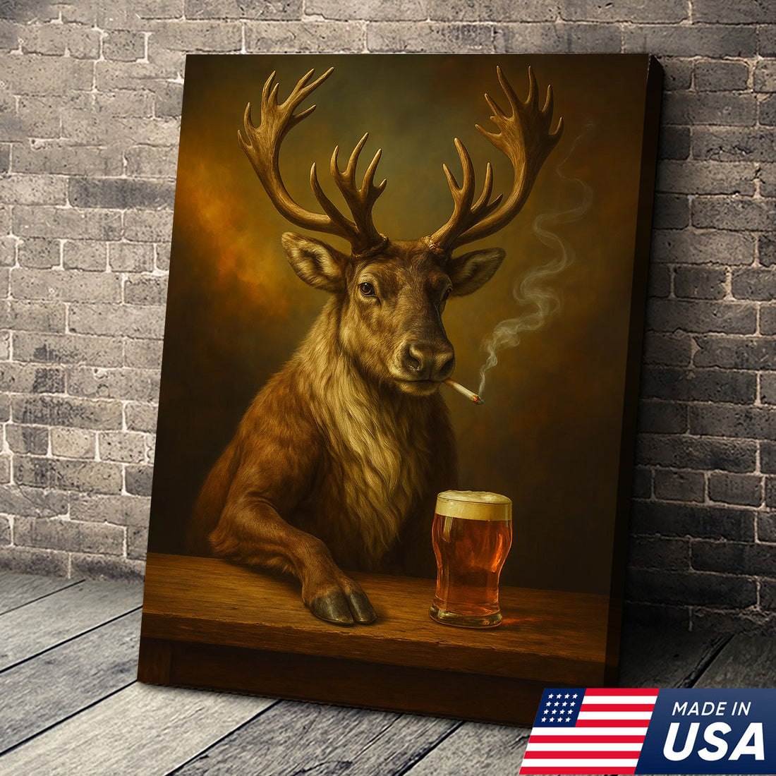 Rustic Caribou Canvas Wall Art β Majestic Caribou with Beer Glass β Hunting Cabin Lodge Decor