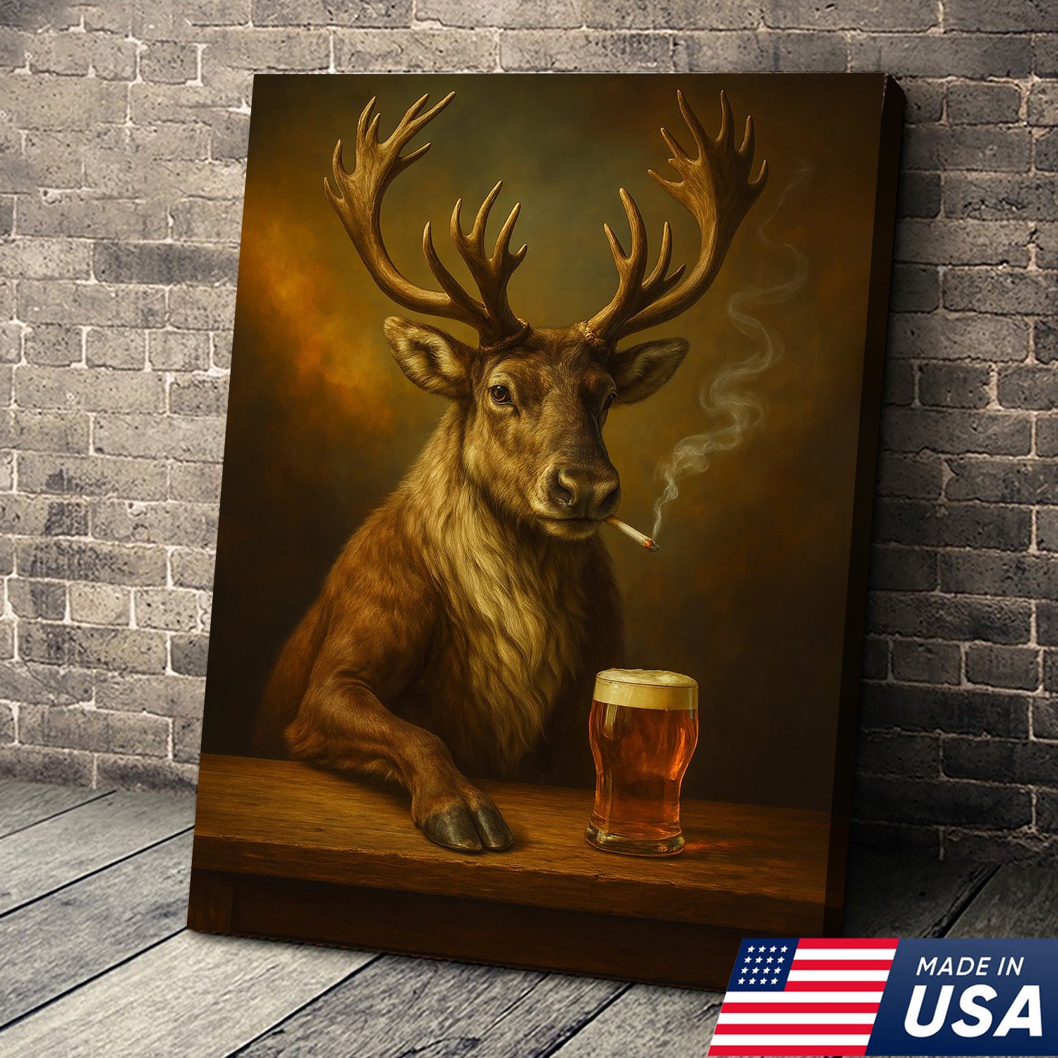 Rustic Caribou Canvas Wall Art – Majestic Caribou with Beer Glass – Hunting Cabin Lodge Decor