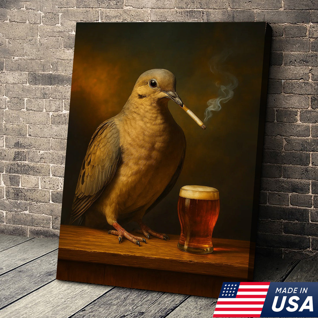 Rustic Mourning Dove Canvas Wall Art β Unique Wildlife Bar Scene with Beer β Hunting Cabin Lodge Decor
