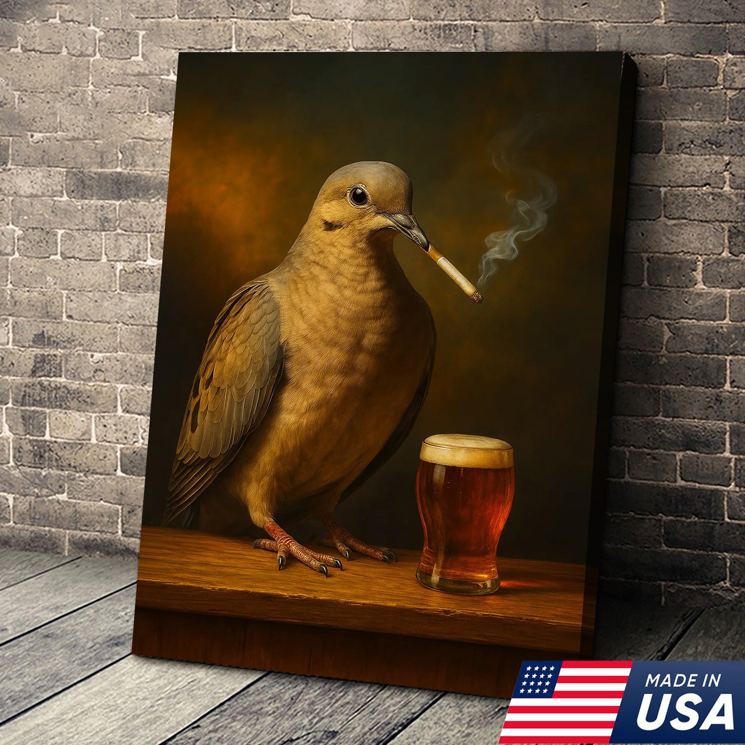Rustic Mourning Dove Canvas Wall Art – Unique Wildlife Bar Scene with Beer – Hunting Cabin Lodge Decor
