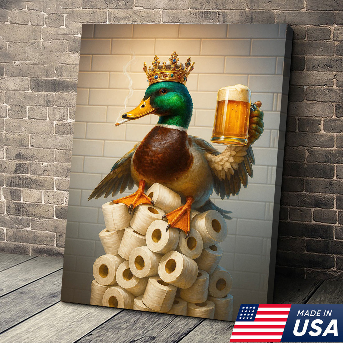Royal Duck Canvas Wall Art - Funny Bathroom Decor with Crown and Beer - Rustic Wildlife Lodge Print