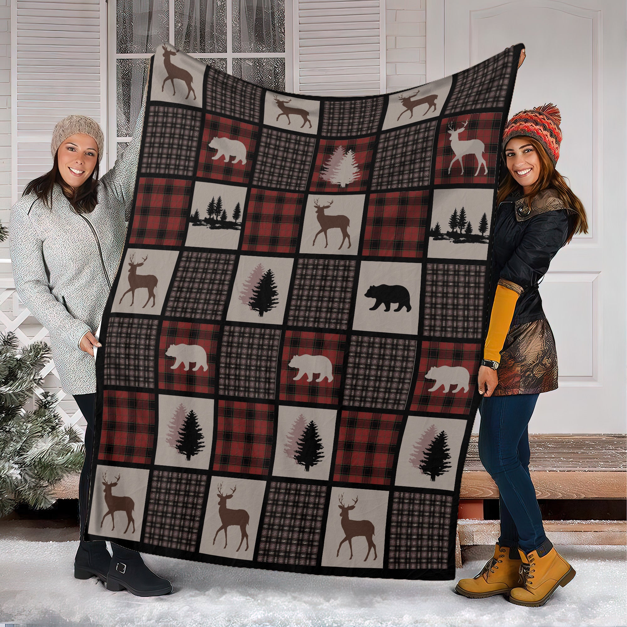 Rustic Hunting Cabin Fleece Blanket – Deer, Bear & Pine Tree - Cozy Gift for Hunters & Nature Lovers