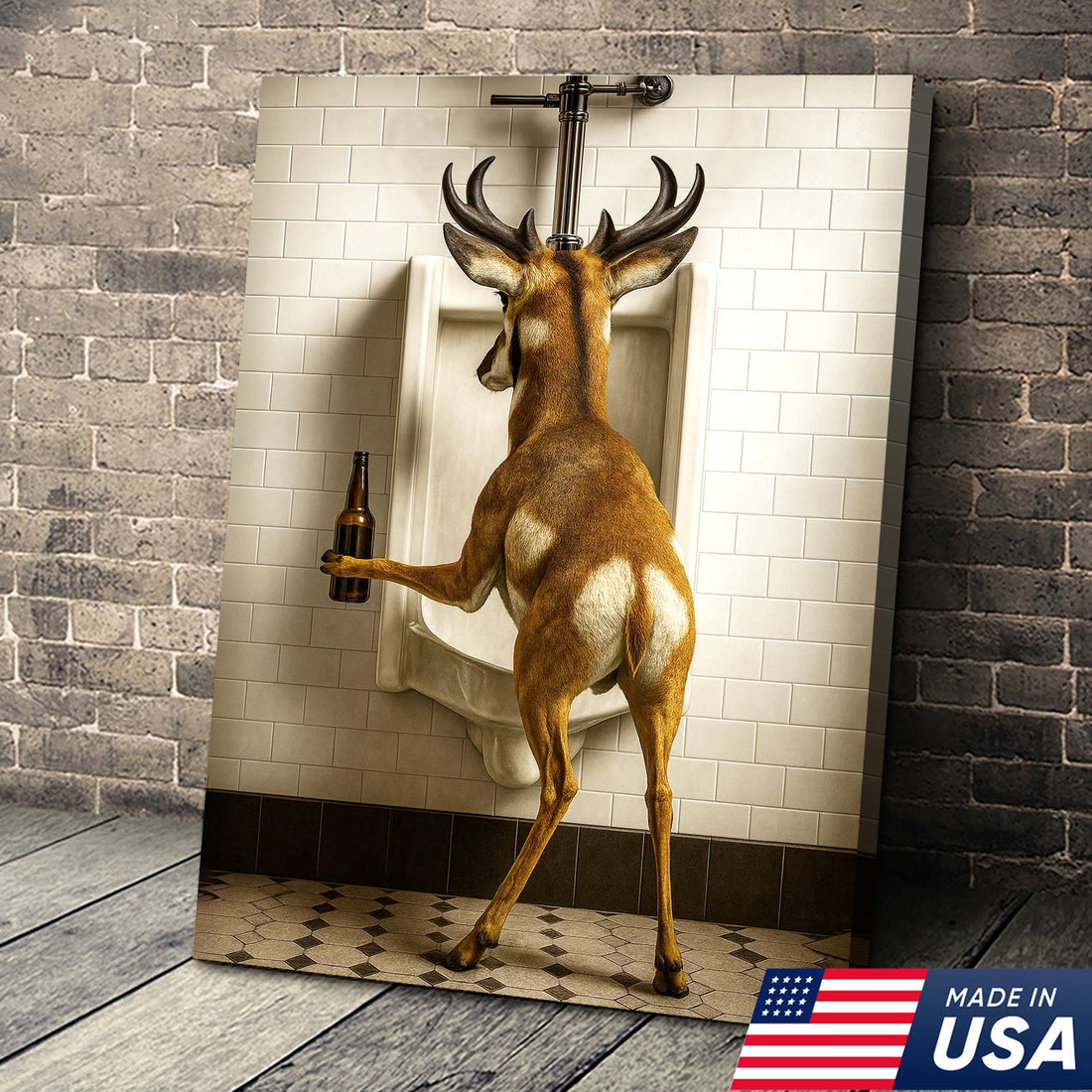 Funny Pronghorn Canvas Wall Art - Rustic Bathroom Lodge Decor for Hunters - Unique Wildlife Cabin Print
