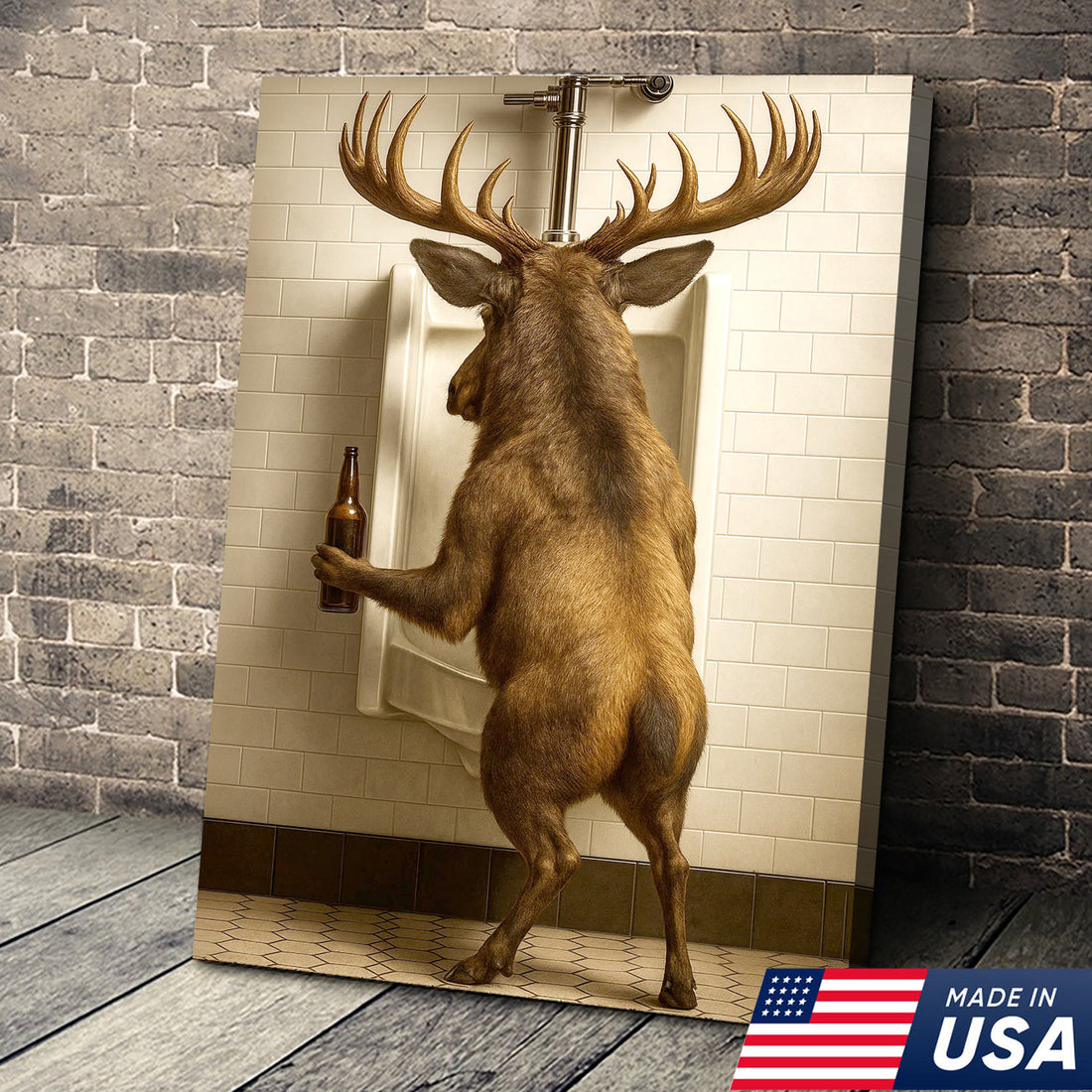 Funny Elk Canvas Wall Art - Rustic Bathroom Lodge Decor for Hunters - Unique Wildlife Cabin Print