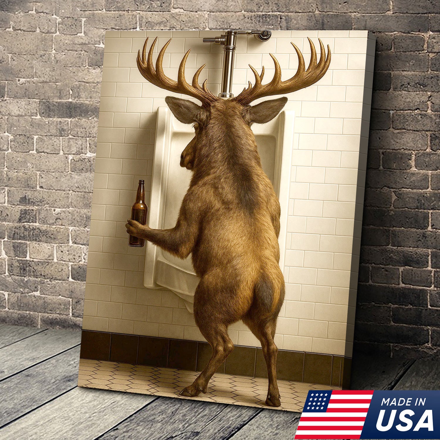 Funny Elk Canvas Wall Art - Rustic Bathroom Lodge Decor for Hunters - Unique Wildlife Cabin Print