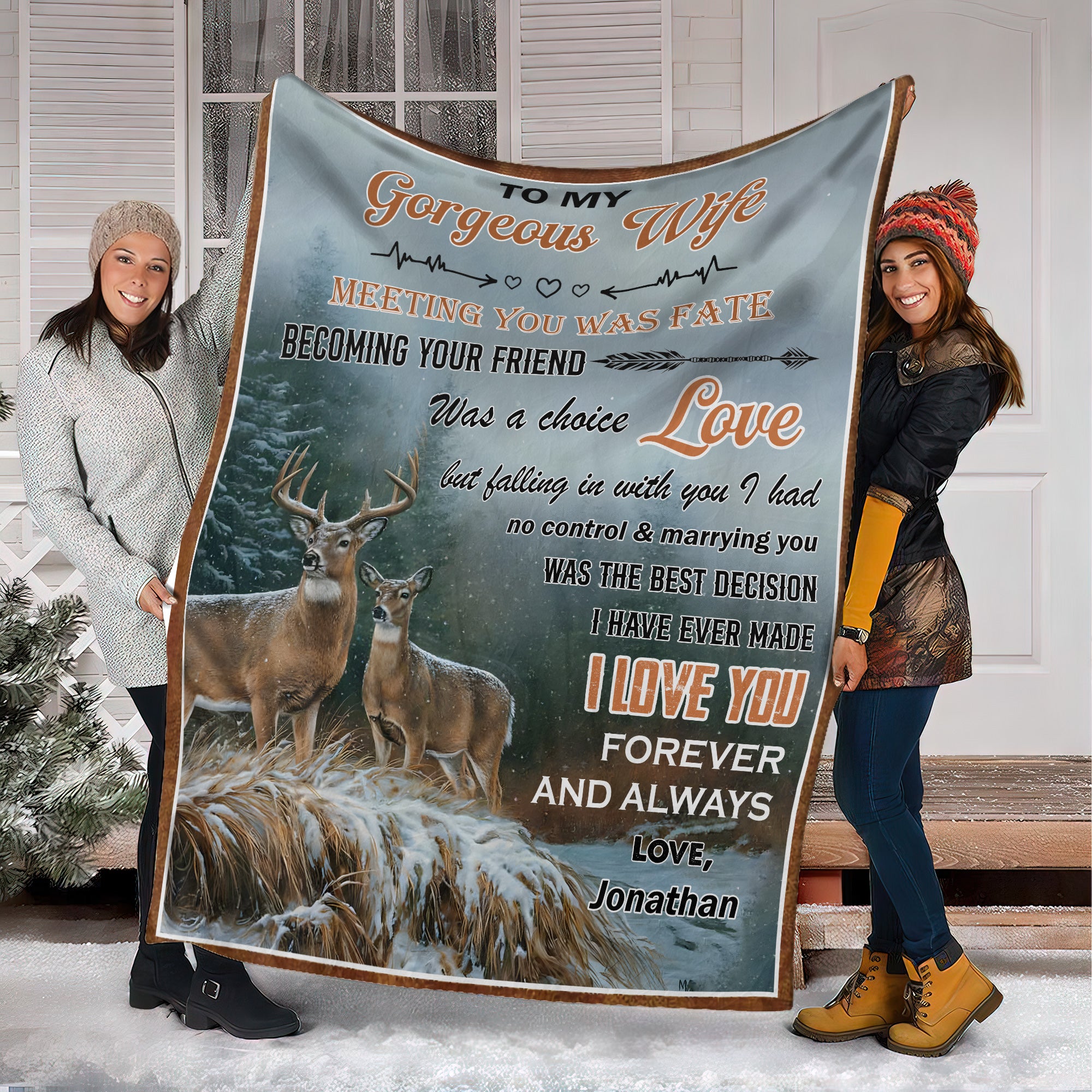 Personalized Meeting You Was Fate Fleece Blanket– Custom Deer Couple Blanket, Heartfelt Wife Gift