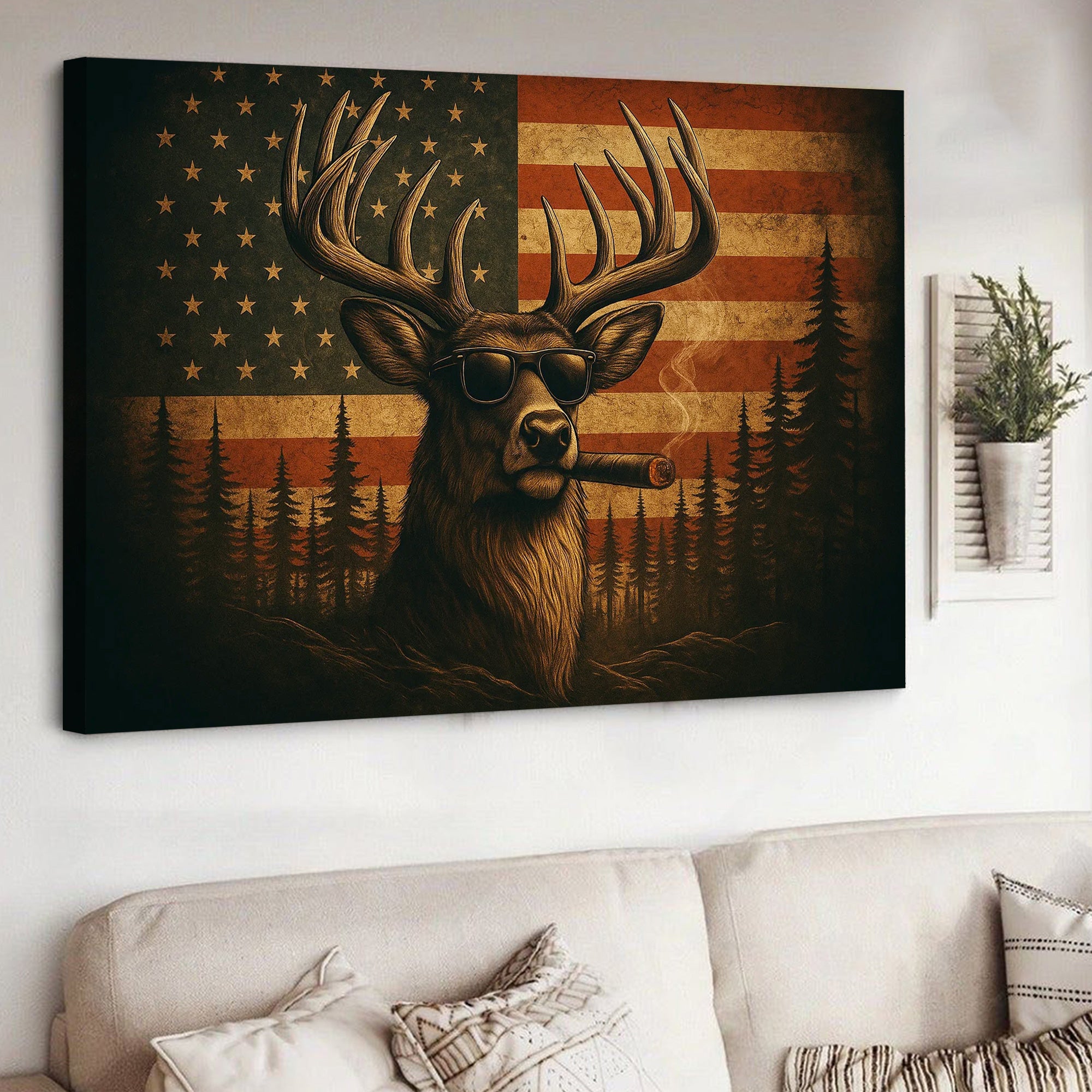 Deer Canvas Wall Art – Cool Buck with Sunglasses and USA Flag Rustic Hunting Lodge Decor