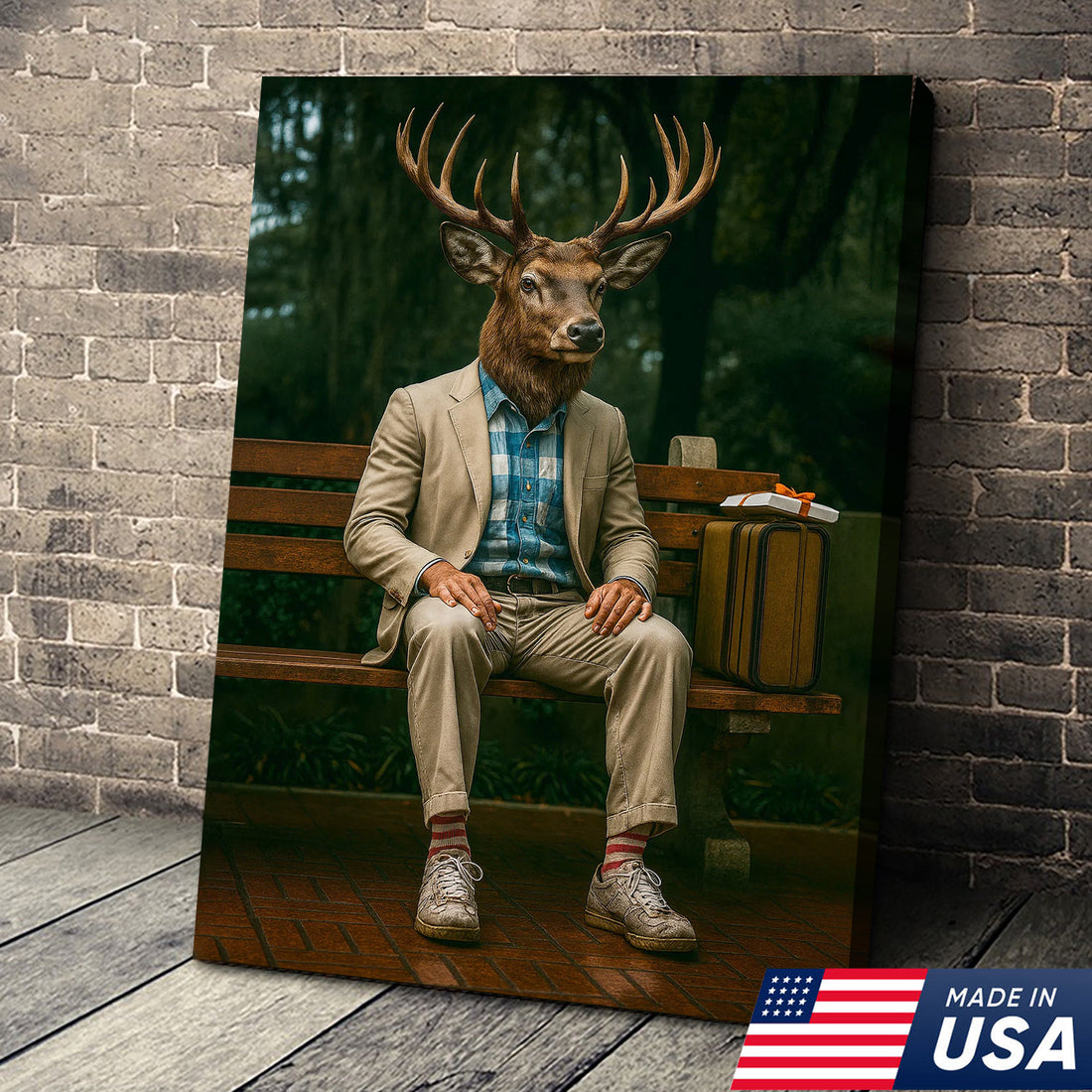 Funny Deer Canvas Wall Art β Buck Sitting on Bench β Whitetail Deer Hunting Lodge Decor