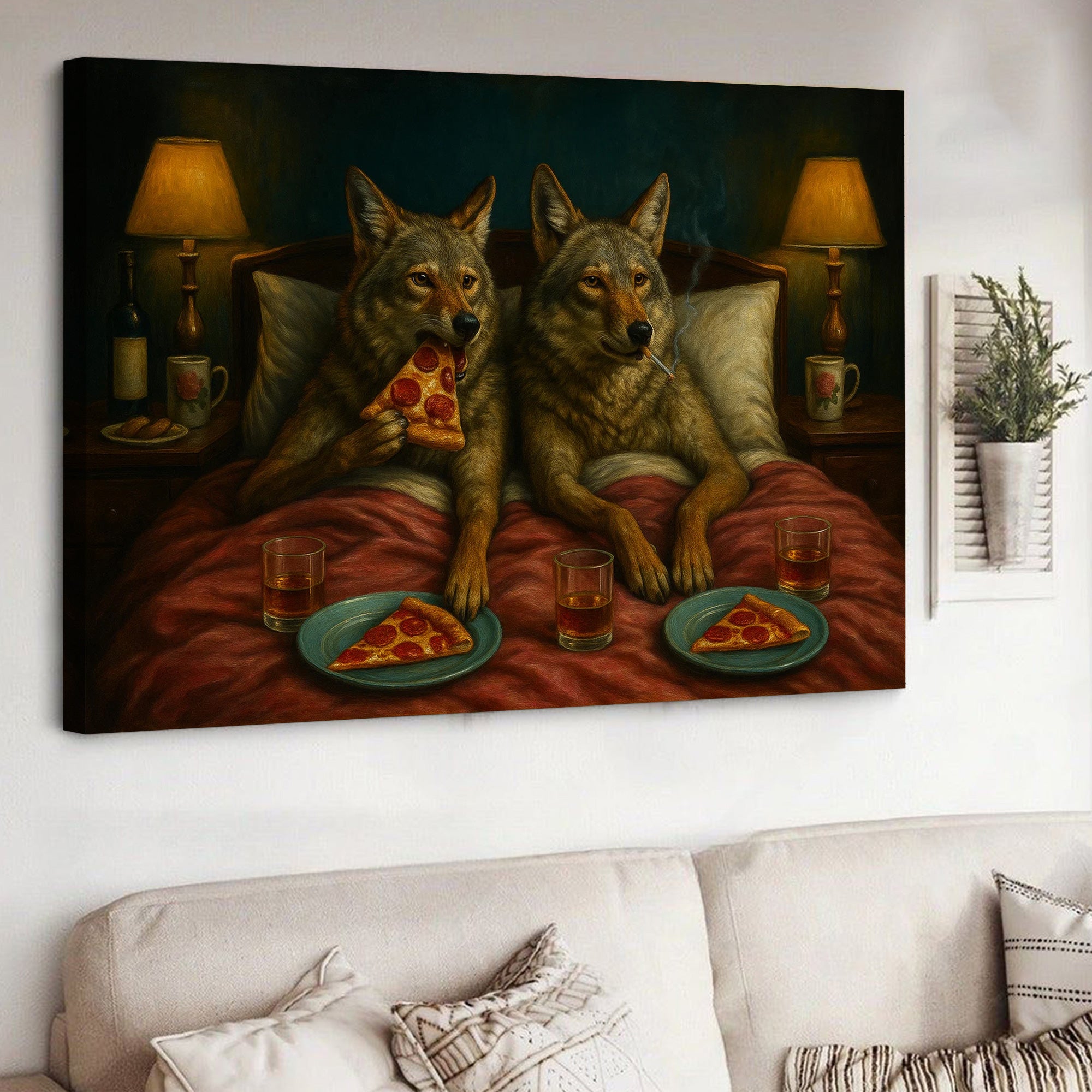 Whimsical Wolf Coyote Couple Pizza Night Canvas Wall Art – Cozy Bed Scene, Pepperoni Slice, Funny Animal Bedroom Decor