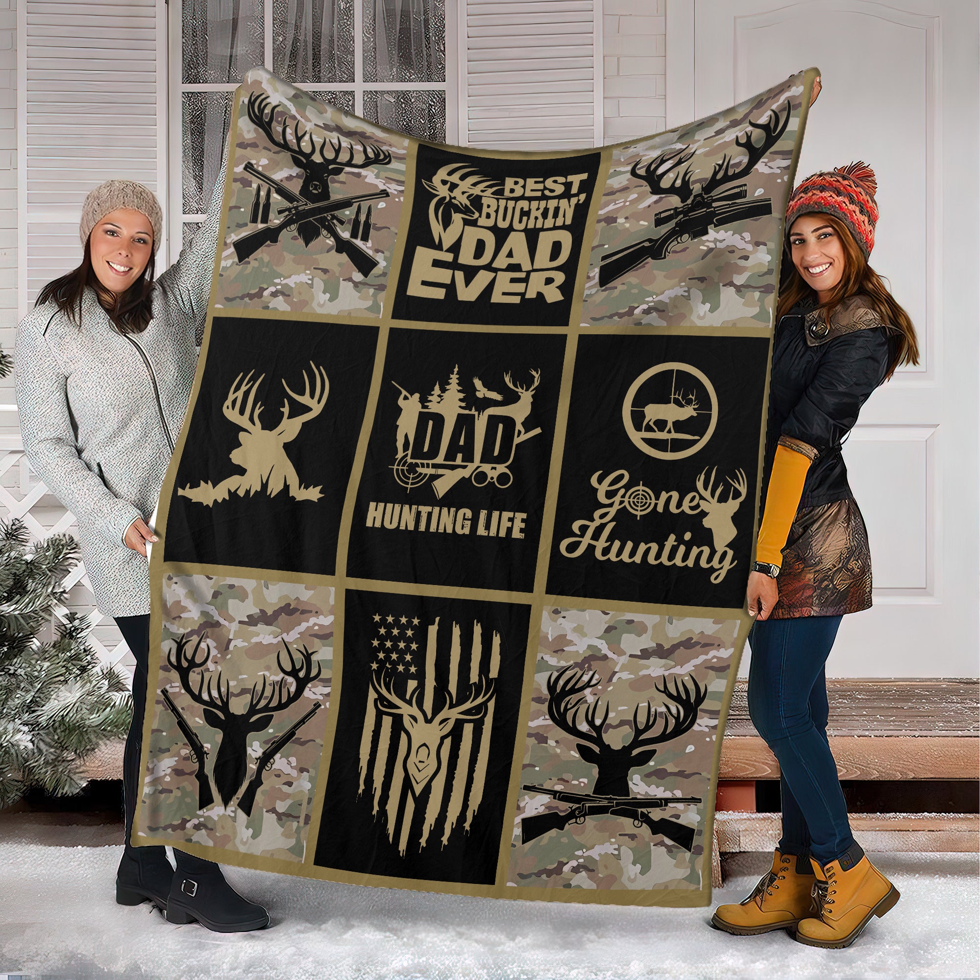 Hunting Life Best Buckin’ Dad Ever Fleece Blanket – Camouflage Deer & Rifle Design - Gift for Hunters