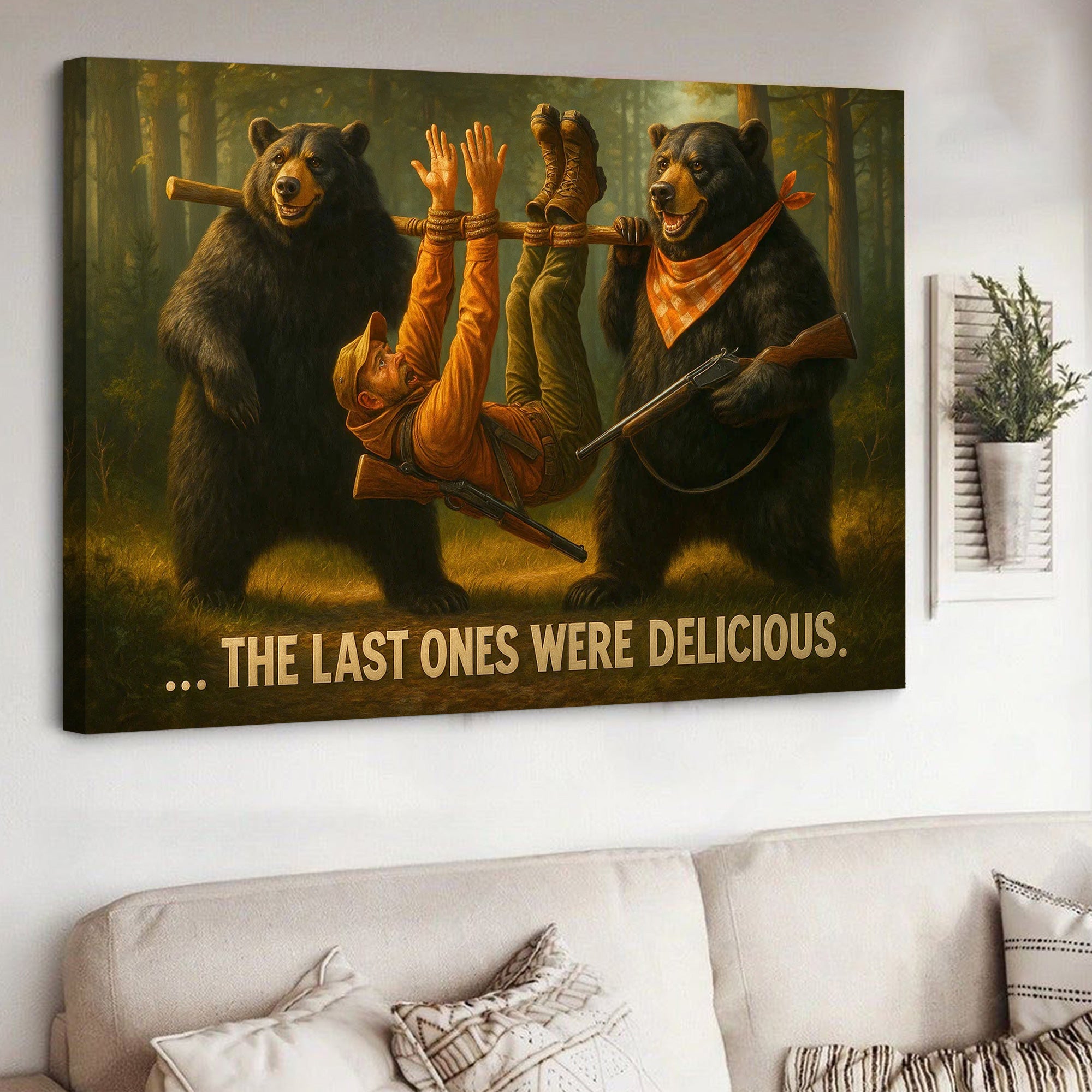 Funny Bear Hunting Canvas Wall Art - Hilarious Wilderness Scene with Hunter - Rustic Cabin and Lodge Decor