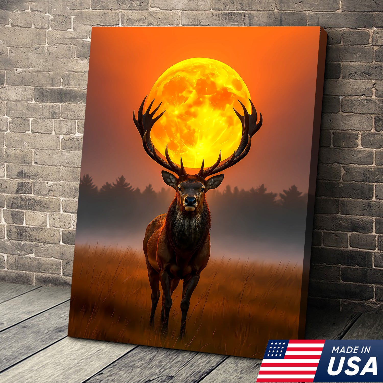 Majestic Elk Full Moon Canvas Wall Art – Hunting Cabin Decor Gift for Hunters