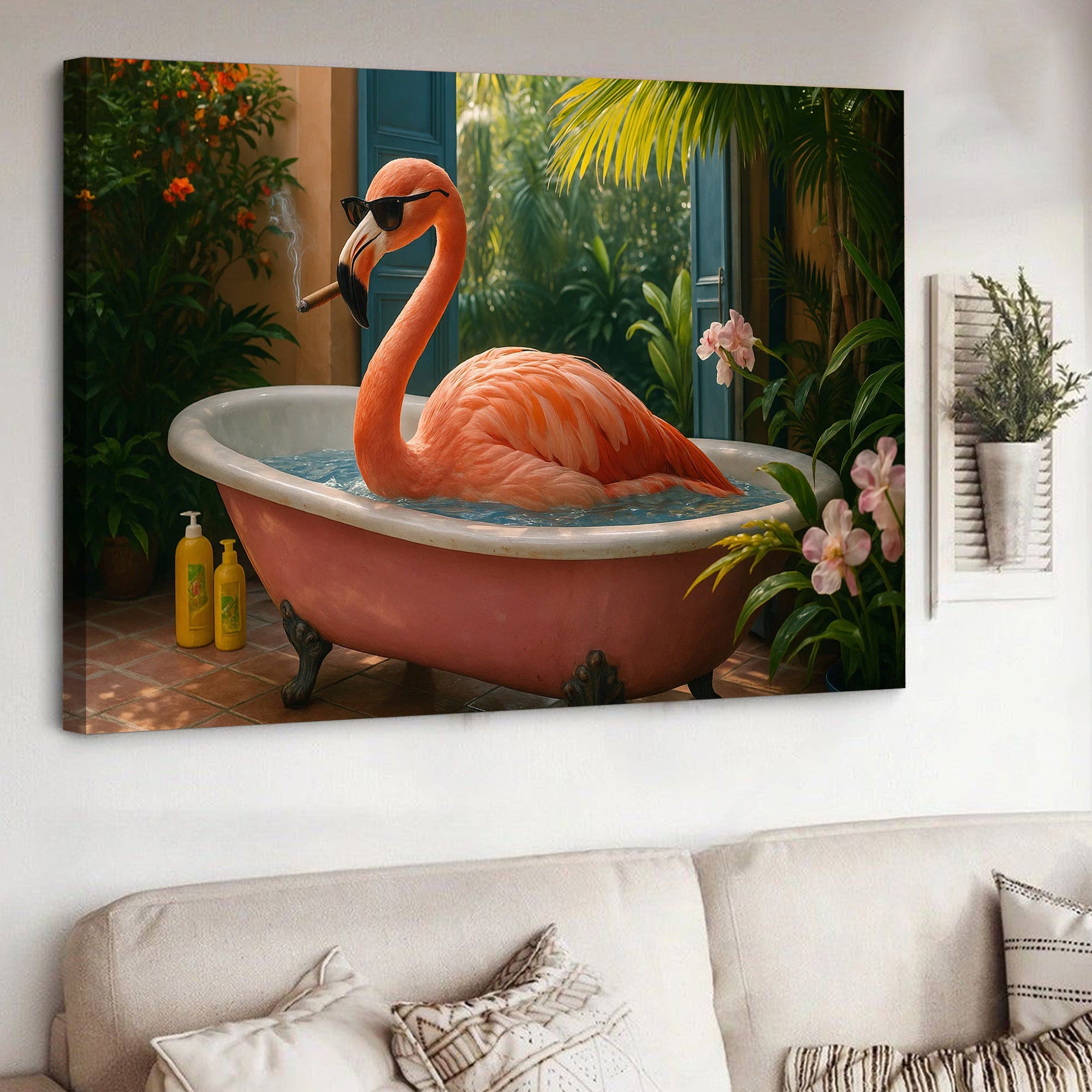 Funny Flamingo Canvas Wall Art – Cool Pink Bird in Bathtub – Tropical Bathroom Decor