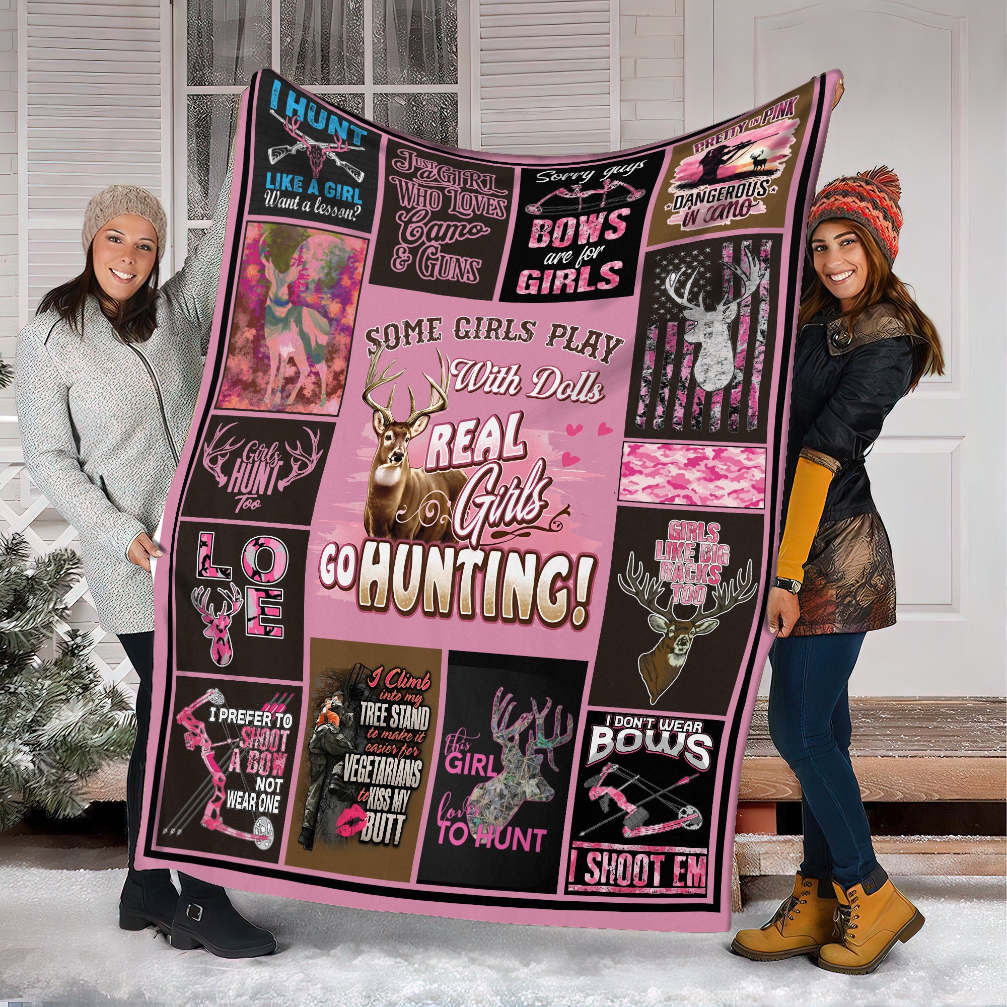 Real Girls Go Hunting Fleece Blanket – Pink Deer Hunting Gift for Women