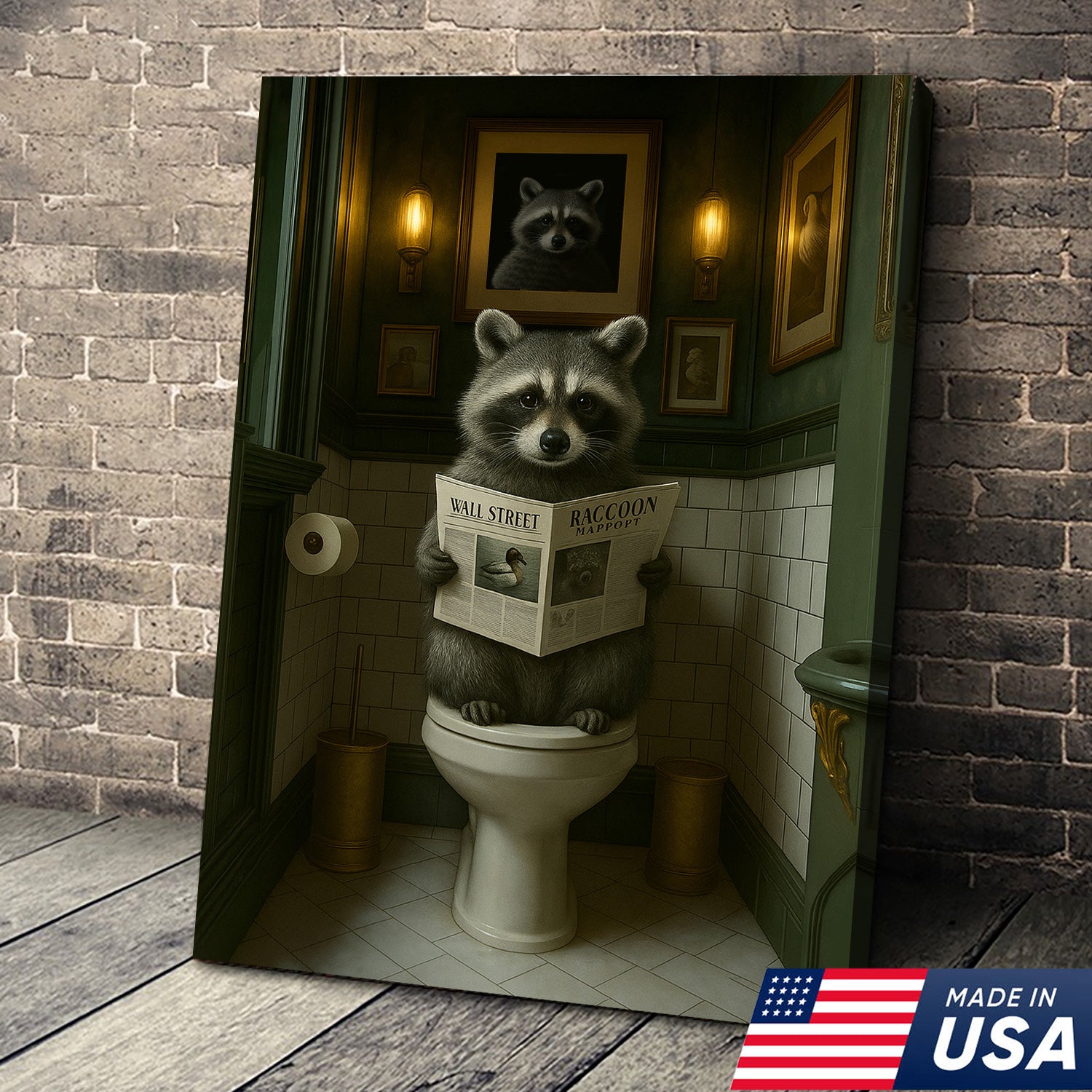 Funny Raccoon Bathroom Wall Art – Rustic Toilet Humor Cabin Canvas Decor, Gifts for Outdoorman