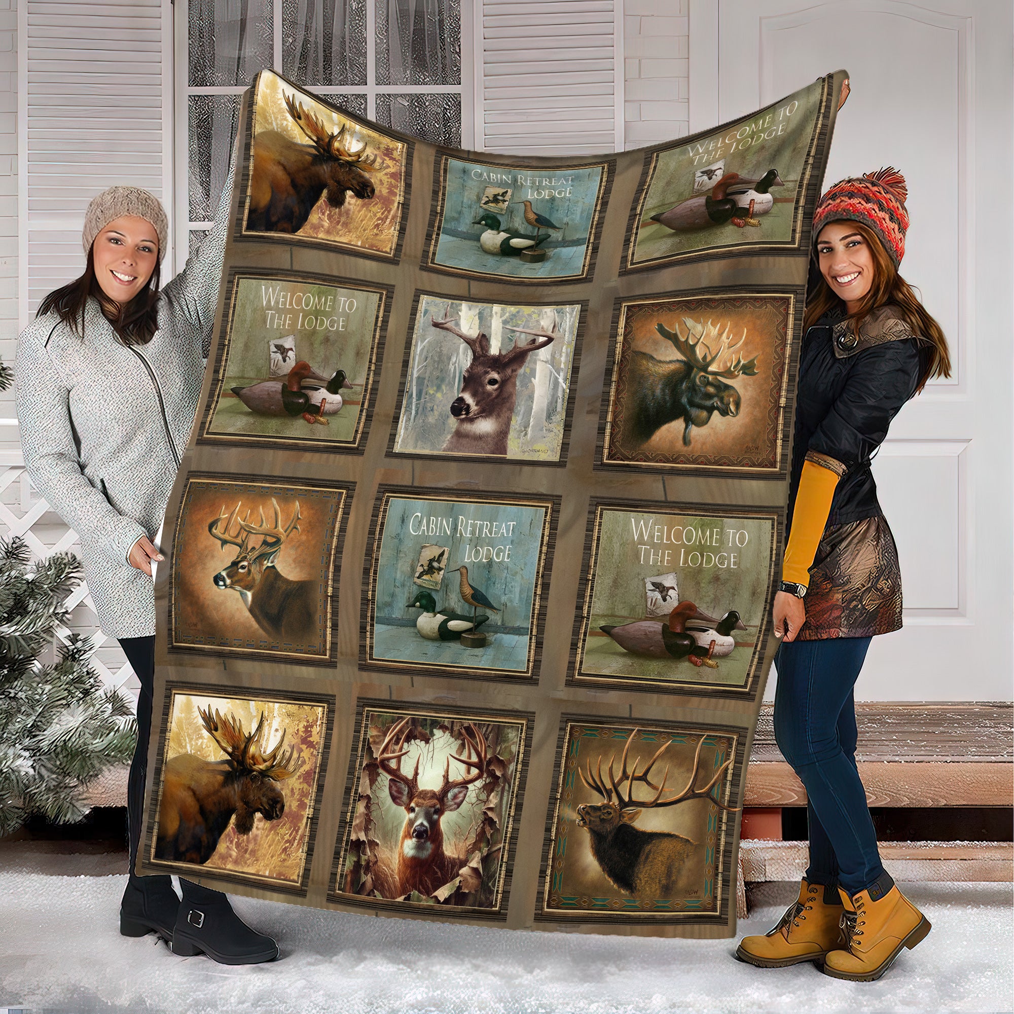 Rustic Wildlife Cabin Lodge Fleece Blanket – Deer, Moose, and Duck Hunting Retreat Fleece Blanket