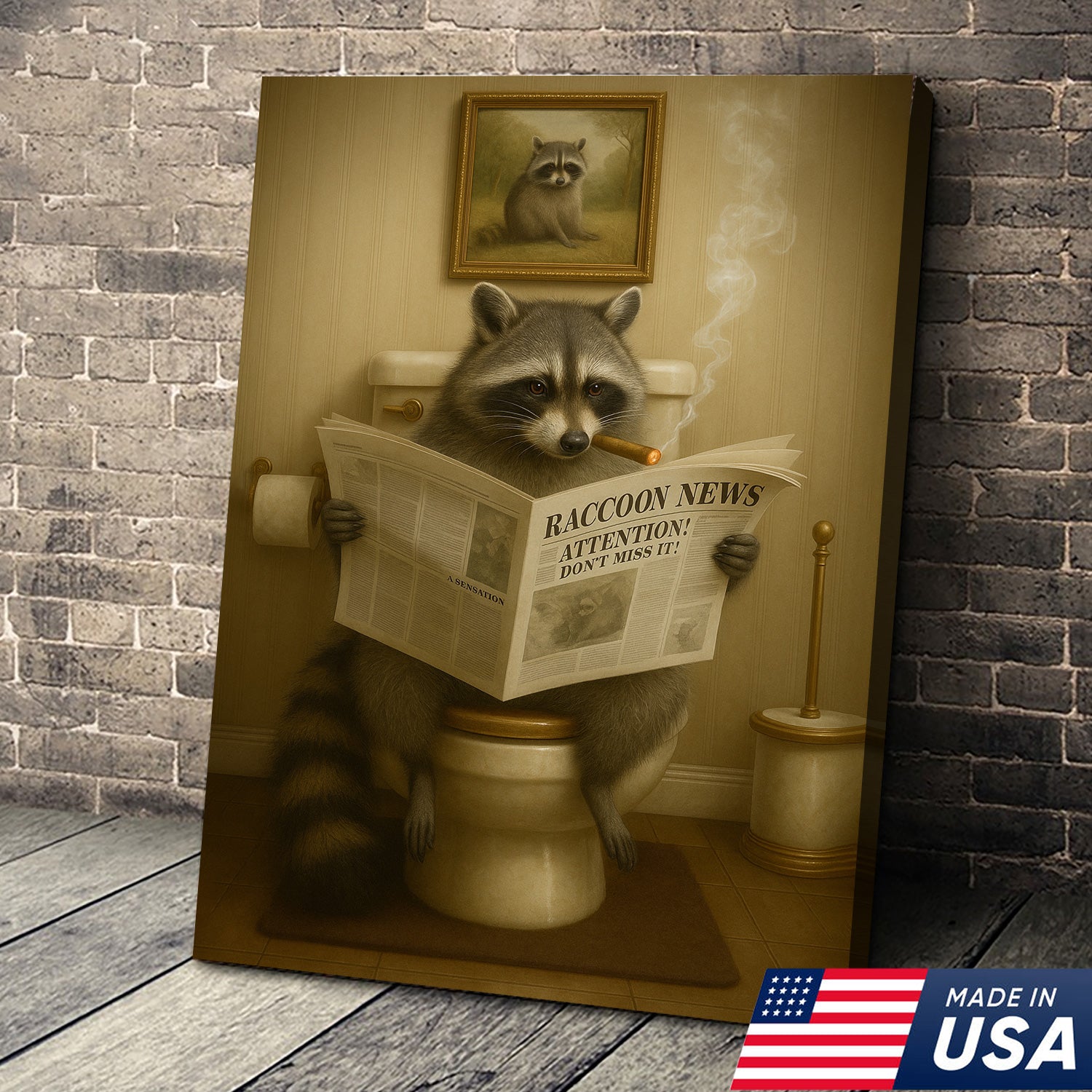 Funny Raccoon Bathroom Canvas Wall Art – Rustic Lodge Cabin Decor Toil ...