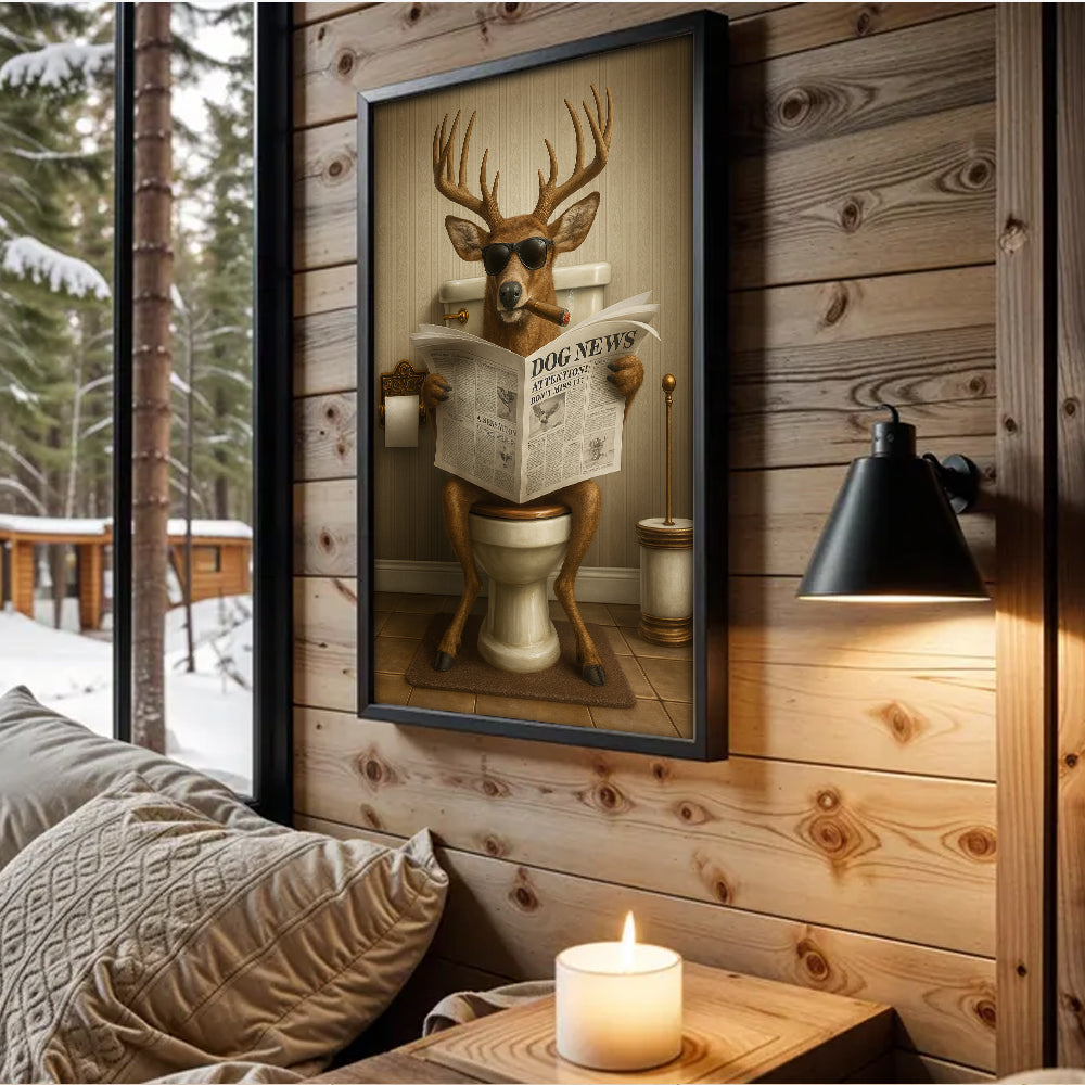 Funny Deer on Toilet Canvas – Hilarious Animal Art Print with SunGlasses and Smoking Reading Newspaper.