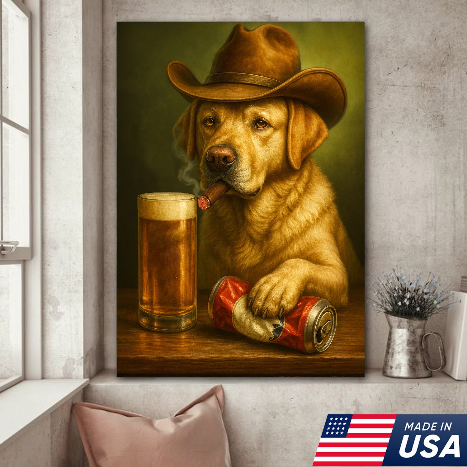 Funny Cowboy Dog Wall Art – Funny Beer & Smoking Canvas For Hunters, Bar & Man Cave Decor