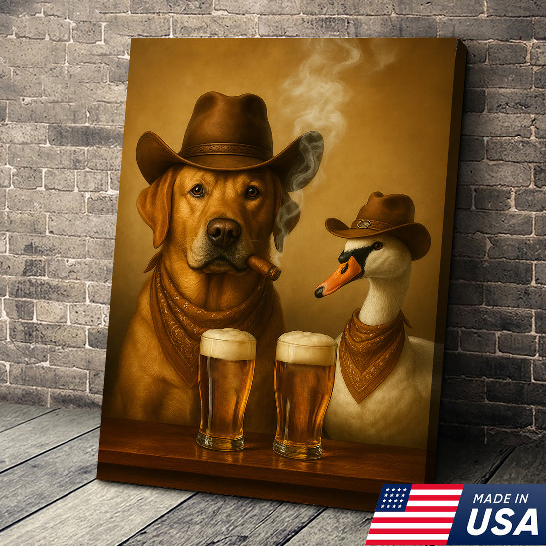 Funny Cowboy Dog & Geese Wall Art Canvas β Funny Beer & Smoking Canvas for Hunters, Cabin, Bar & Man Cave Decor