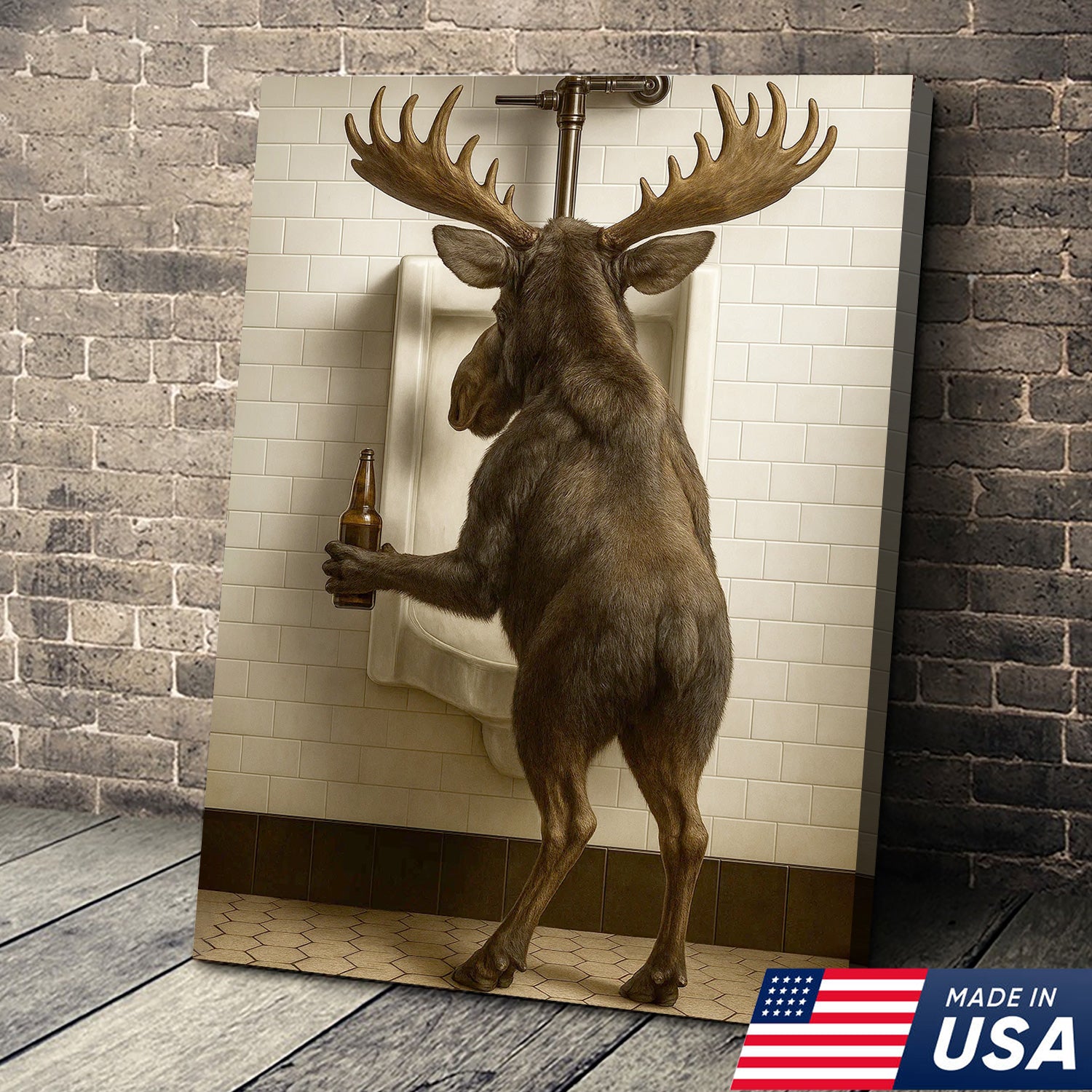 Moose Bathroom Canvas Wall Art - Funny Rustic Lodge Decor for Cabin and Hunting Enthusiasts - Wildlife Humor Print