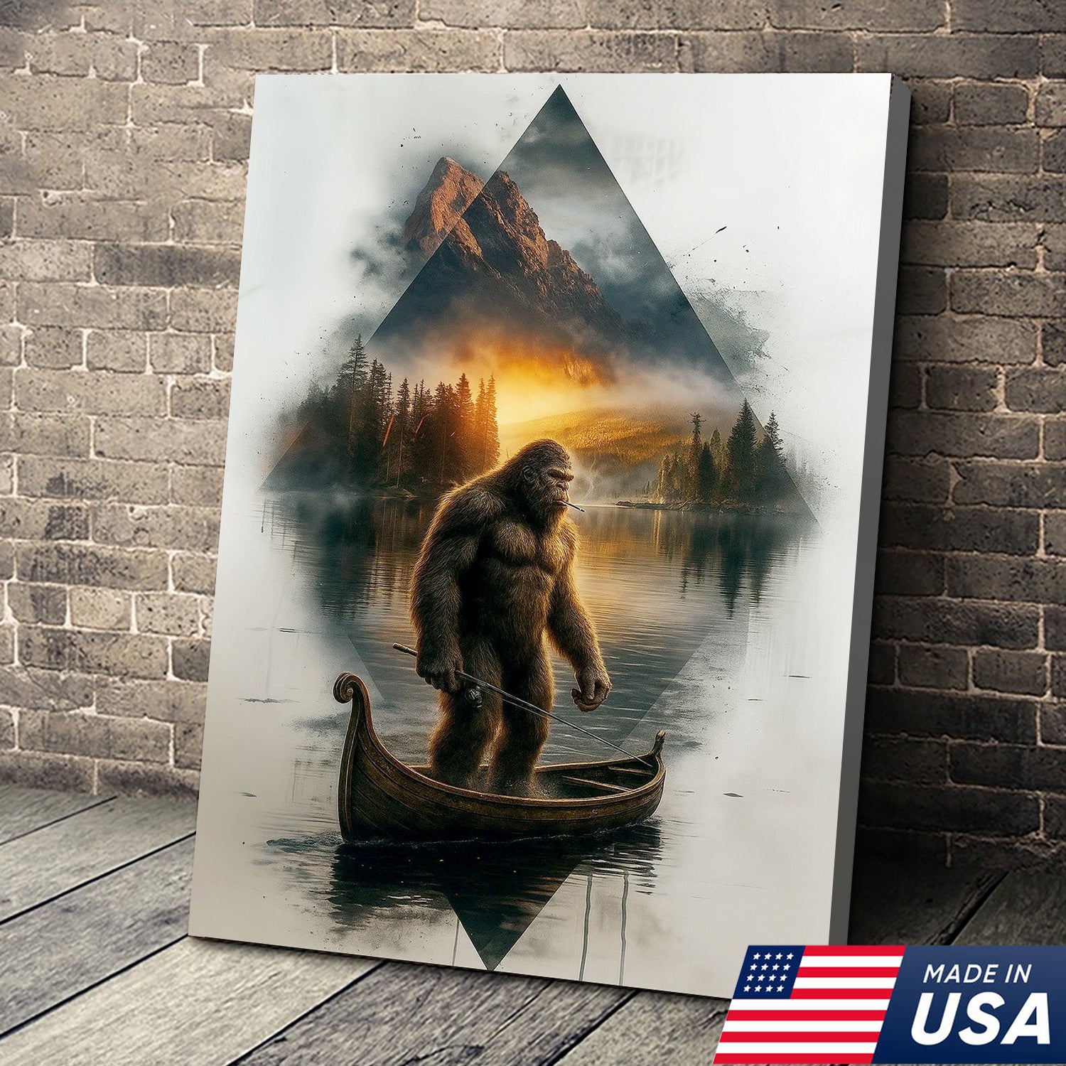 Bigfoot Fishing On Wooden Boat Adventure Canvas Wall Art – Mysterious Forest Lake Decor – Rustic Cabin & Lodge Artwork