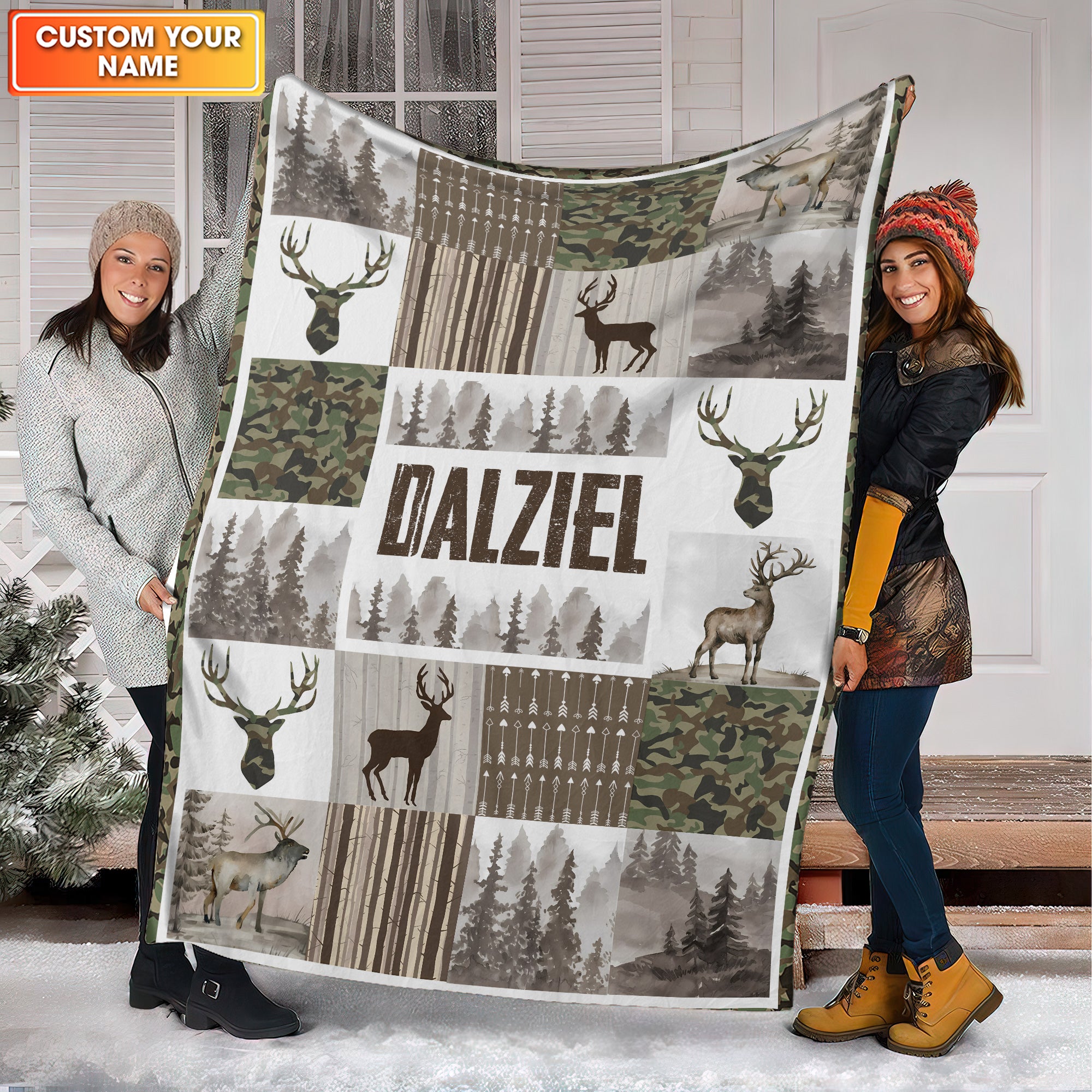 Personalized Rustic Camo Deer Blanket – Camo & Forest Patchwork Cabin Decor