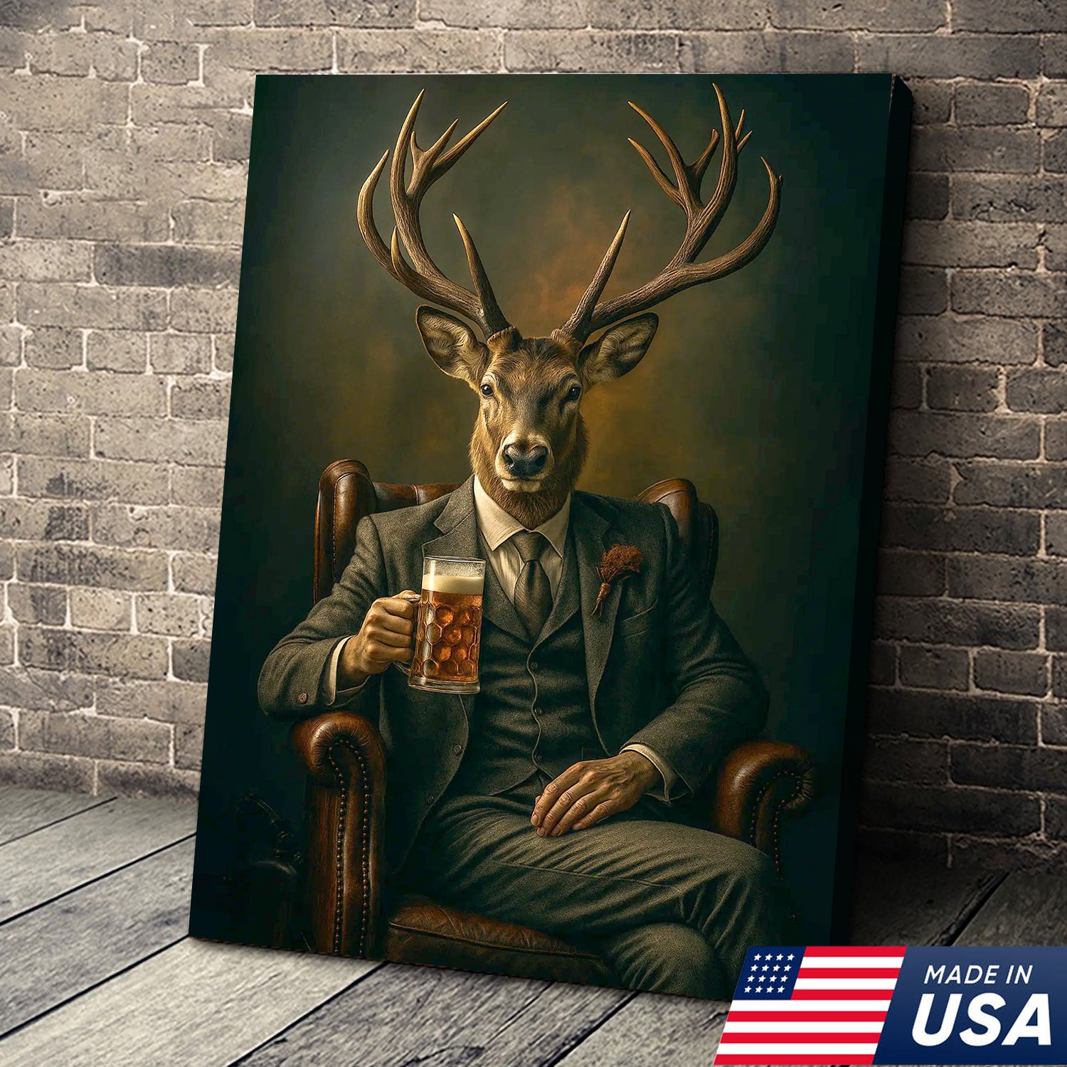 Deer Canvas Wall Art – Sophisticated Buck in Suit Holding Beer Rustic Lodge Decor for Hunters