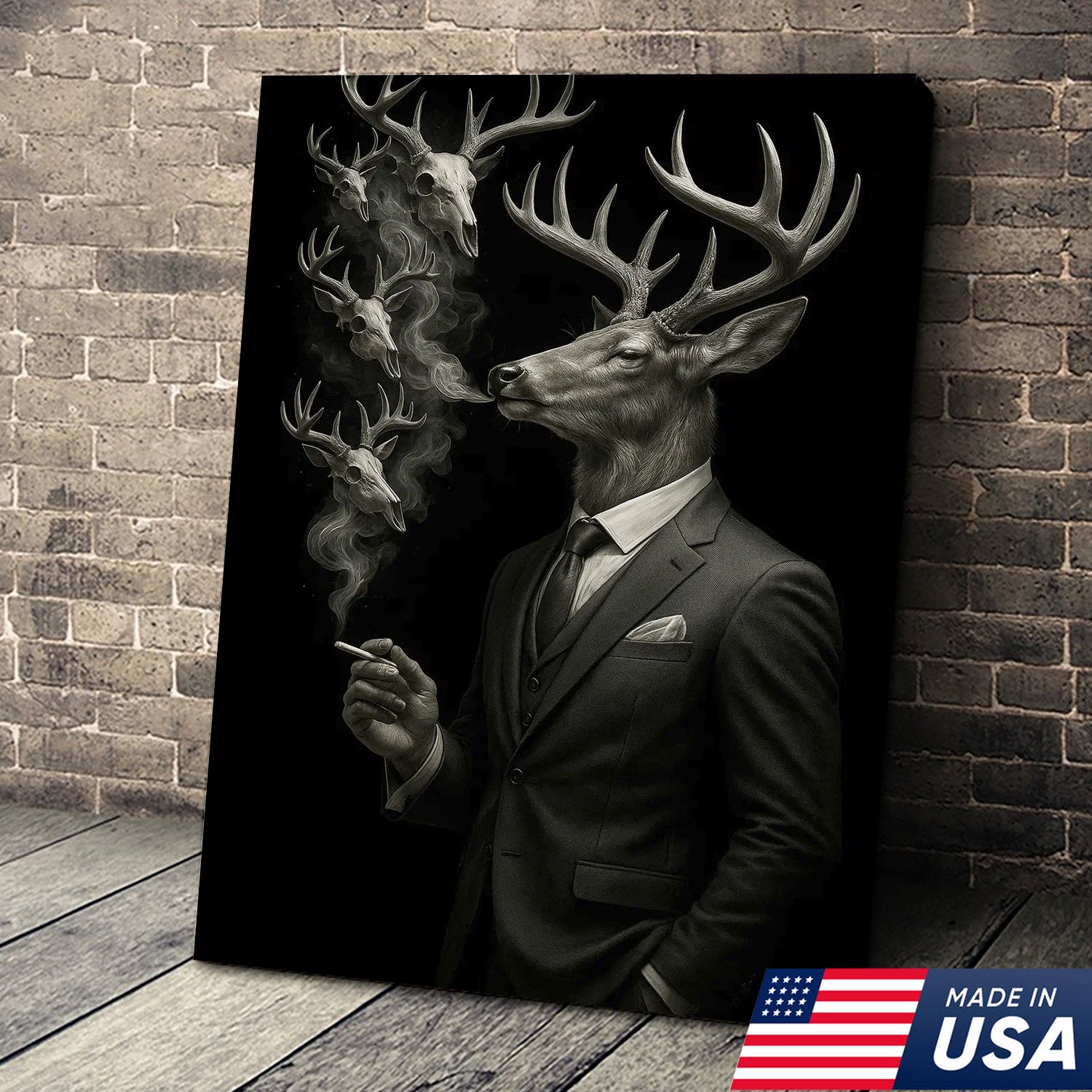 Gentleman Deer Canvas Wall Art, Elegant Buck in Suit Artwork, Rustic Cabin Decor for Hunters, Modern Wildlife Portrait Painting