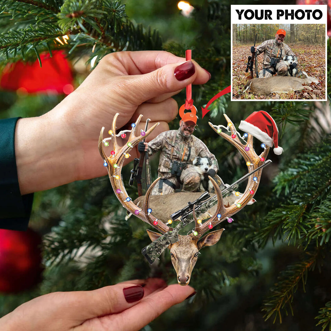 Personalized Hunting Aclyric Christmas Ornament β Custom Photo Deer Antler Gift for Hunters