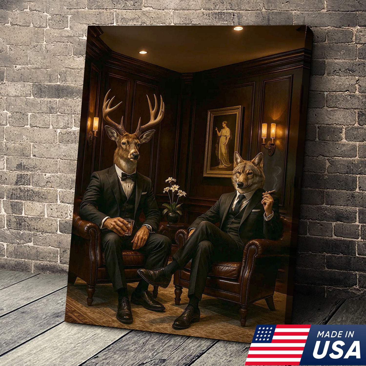 Elegant Deer and Wolf Canvas Wall Art - Sophisticated Animal Portrait in Suits, Luxury Rustic Decor for Living Room & Office