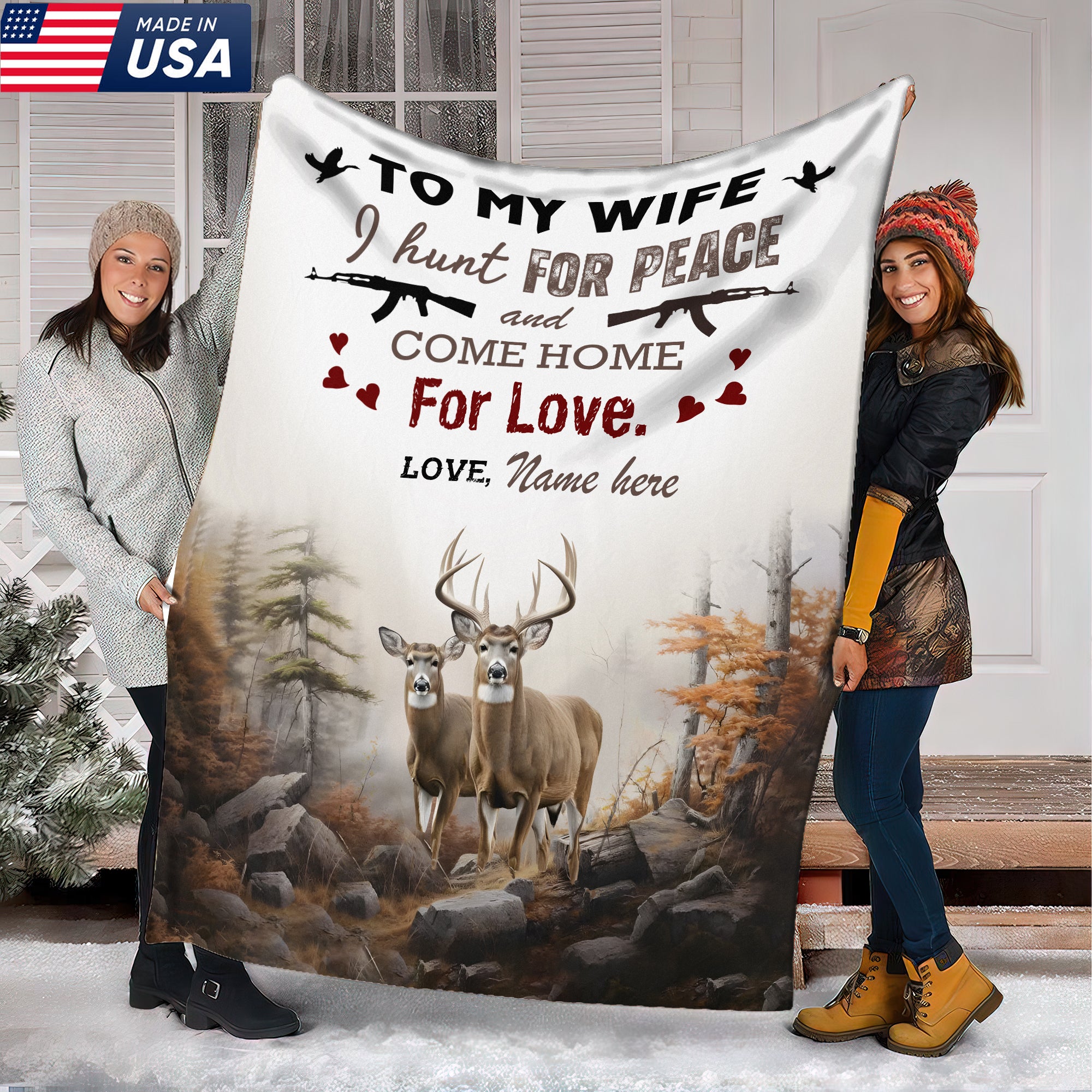Personalized Deer Hunting “To My Wife, I Hunt for Peace and Come Home for Love” Fleece Blanket