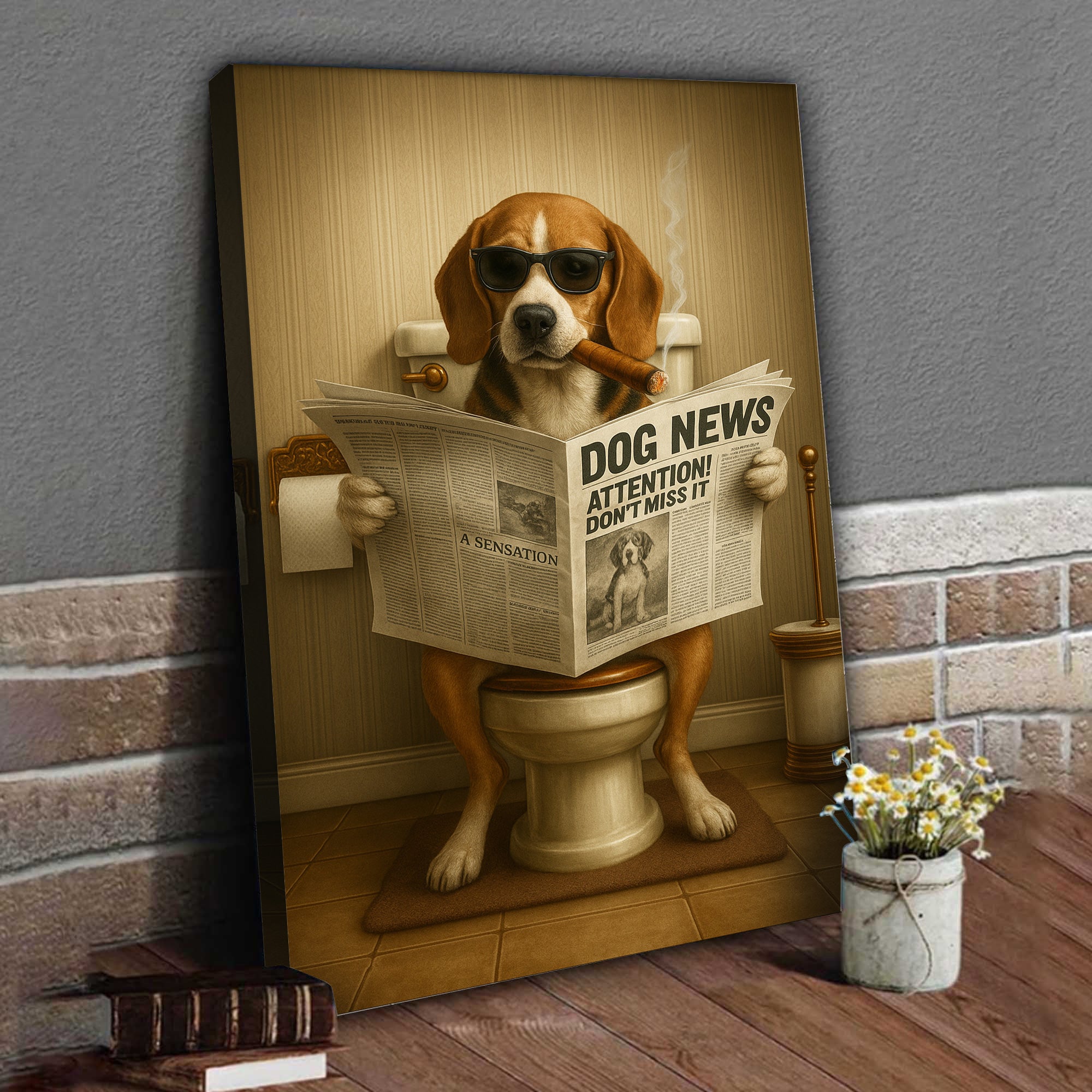 Funny Beagle Reading Newspaper Canvas – Funny Dog Hunting Bathroom Wall Art, Rustic Cabin Decor, Gift for Men