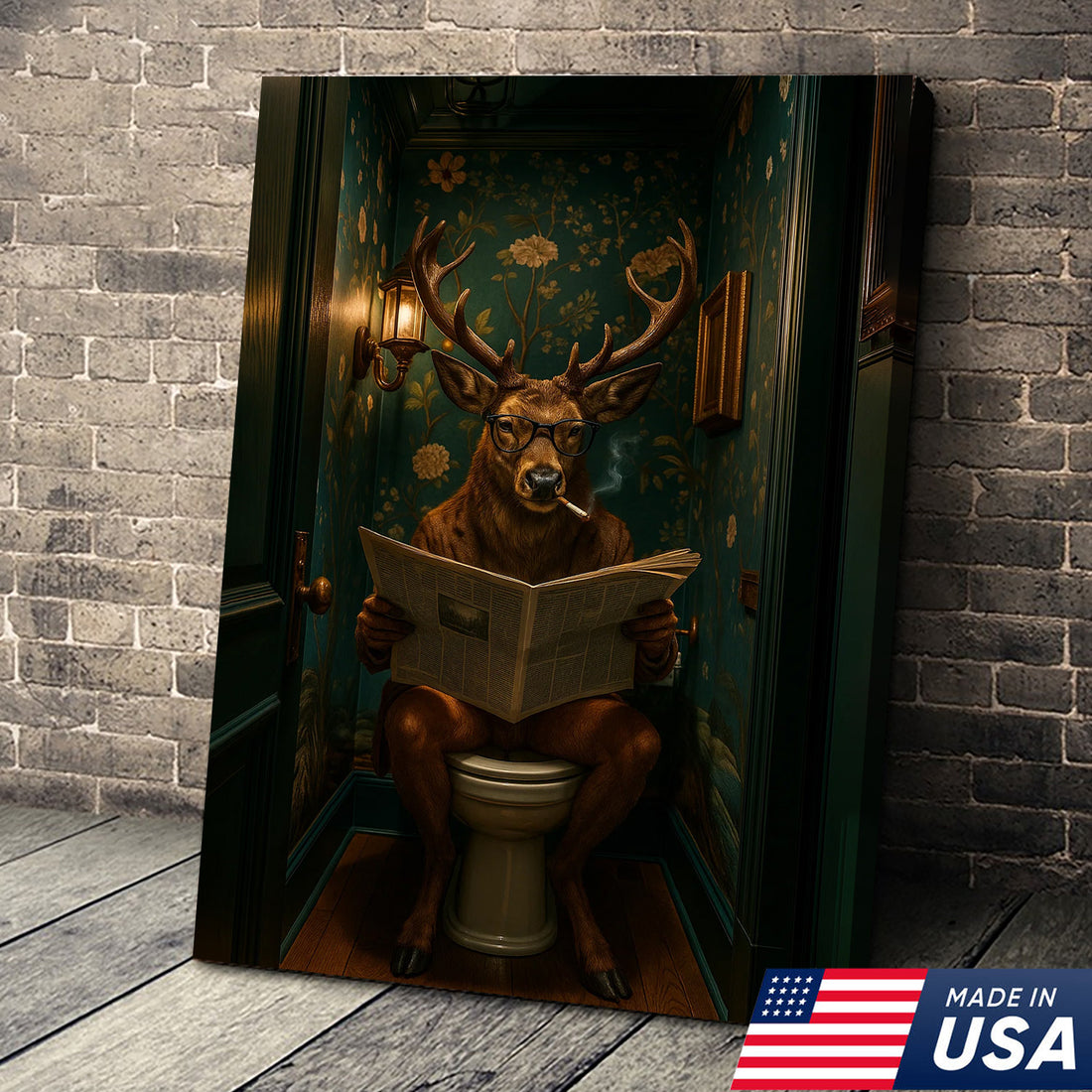 Funny Whitetail Buck Bathroom Canvas β Deer with Glasses Reading Newspaper on Toilet β Quirky Powder Room Wall Art