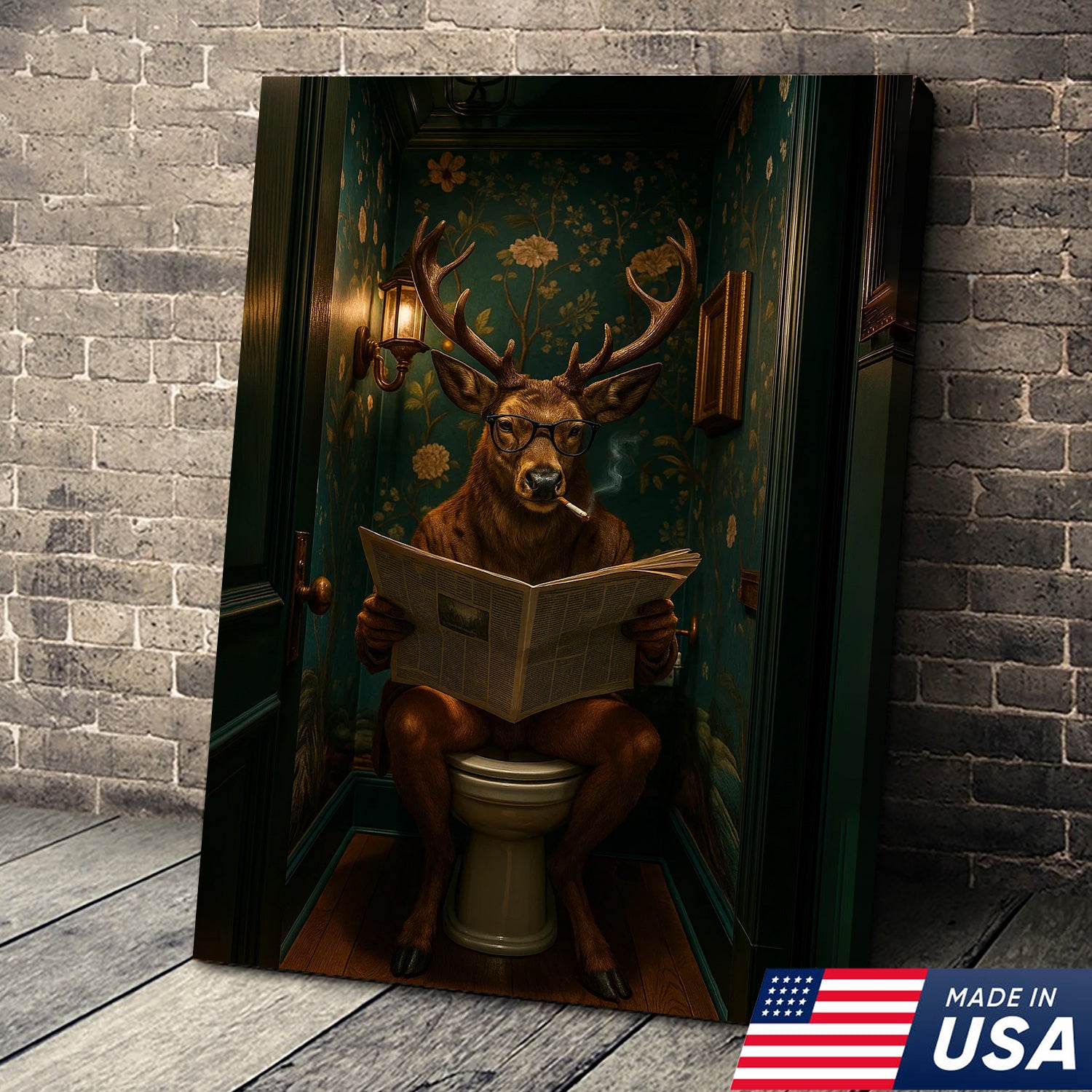 Funny Whitetail Buck Bathroom Canvas – Deer with Glasses Reading Newspaper on Toilet – Quirky Powder Room Wall Art