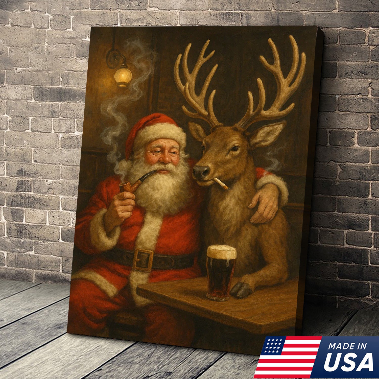 Funny Santa and Reindeer Wall Art Canvas – Rustic Christmas Lodge Decor – Holiday Deer Hunting Theme