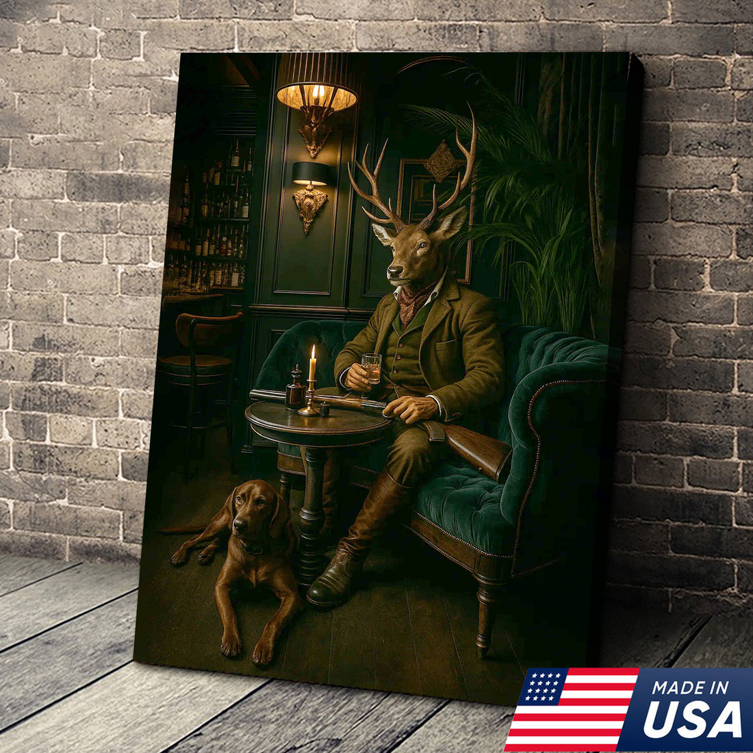 Vintage Deer Hunter Canvas Wall Art - Anthropomorphic Stag with Dog in Rustic Lounge, Wildlife Lodge Decor