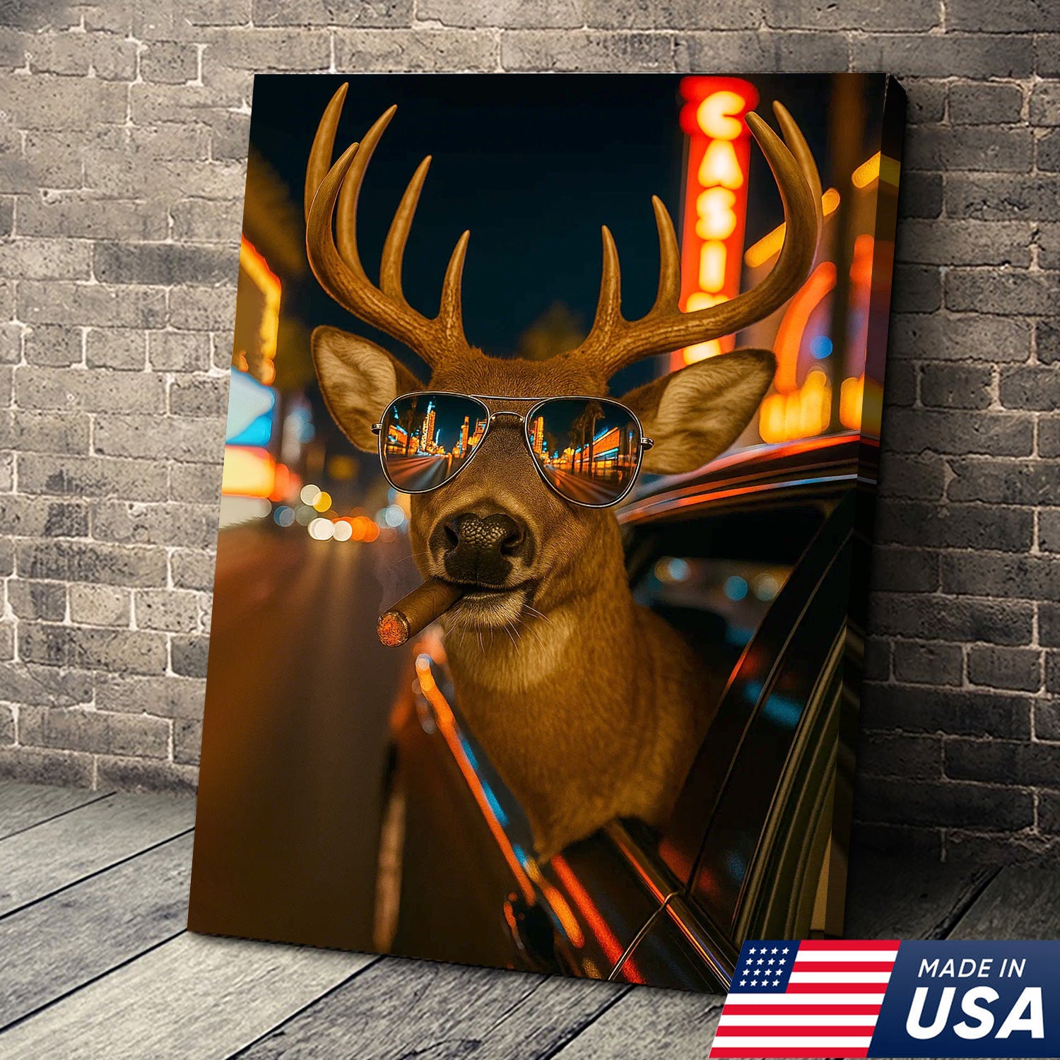 Cool Deer Canvas Wall Art - Funny Rustic Lodge Decor with Sunglasses and Night City Vibes - Unique Wildlife Cabin Print