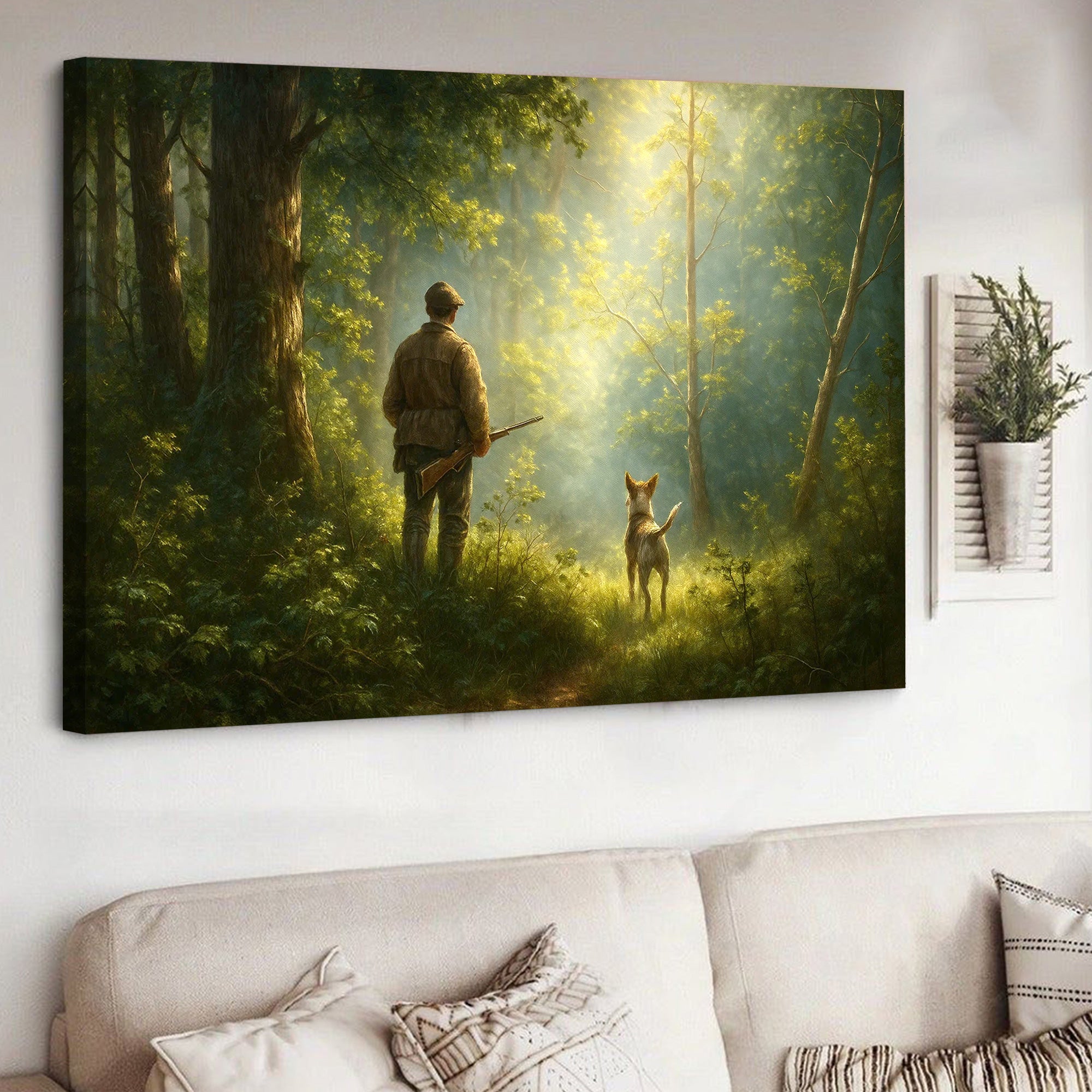 Hunting Canvas Wall Art – Hunter and Dog in Sunlit Forest – Rustic Cabin Decor for Wildlife and Outdoor Enthusiasts