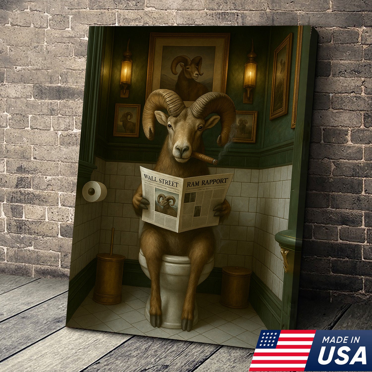 Mountain Goat Toilet Humor Canvas – Funny Hunting Bathroom Wall Art for Hunters, Cabin, Lodge & Country Home